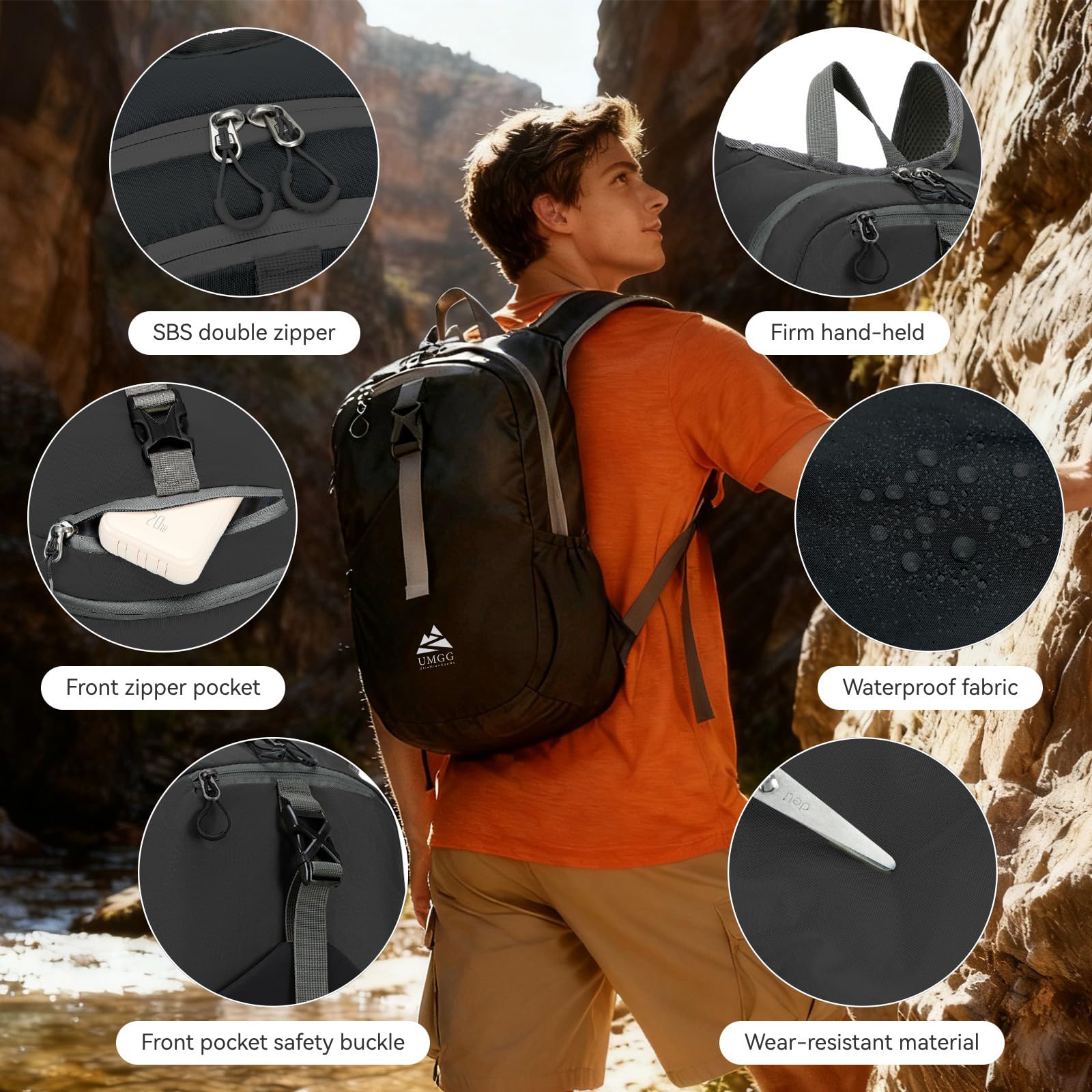 15L Wanderrucksack Kleiner Damen Herren Leichter Faltbarer Daypack Tagesrucksack Trekkingrucksack für Camping Outdoor Reisen, Schwarz