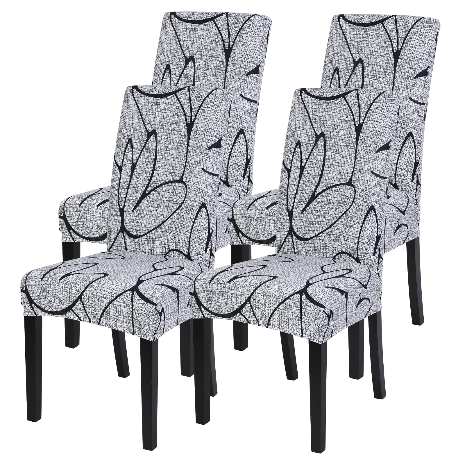 SearchI Dining Room Chair Covers Set of 4, Stretch Printed Parsons Chair Slipcovers Spandex Removable Washable Kitchen Chair Protector Cover for Dining Room, Hotel, Ceremony (Grey Lotus+White Texture)
