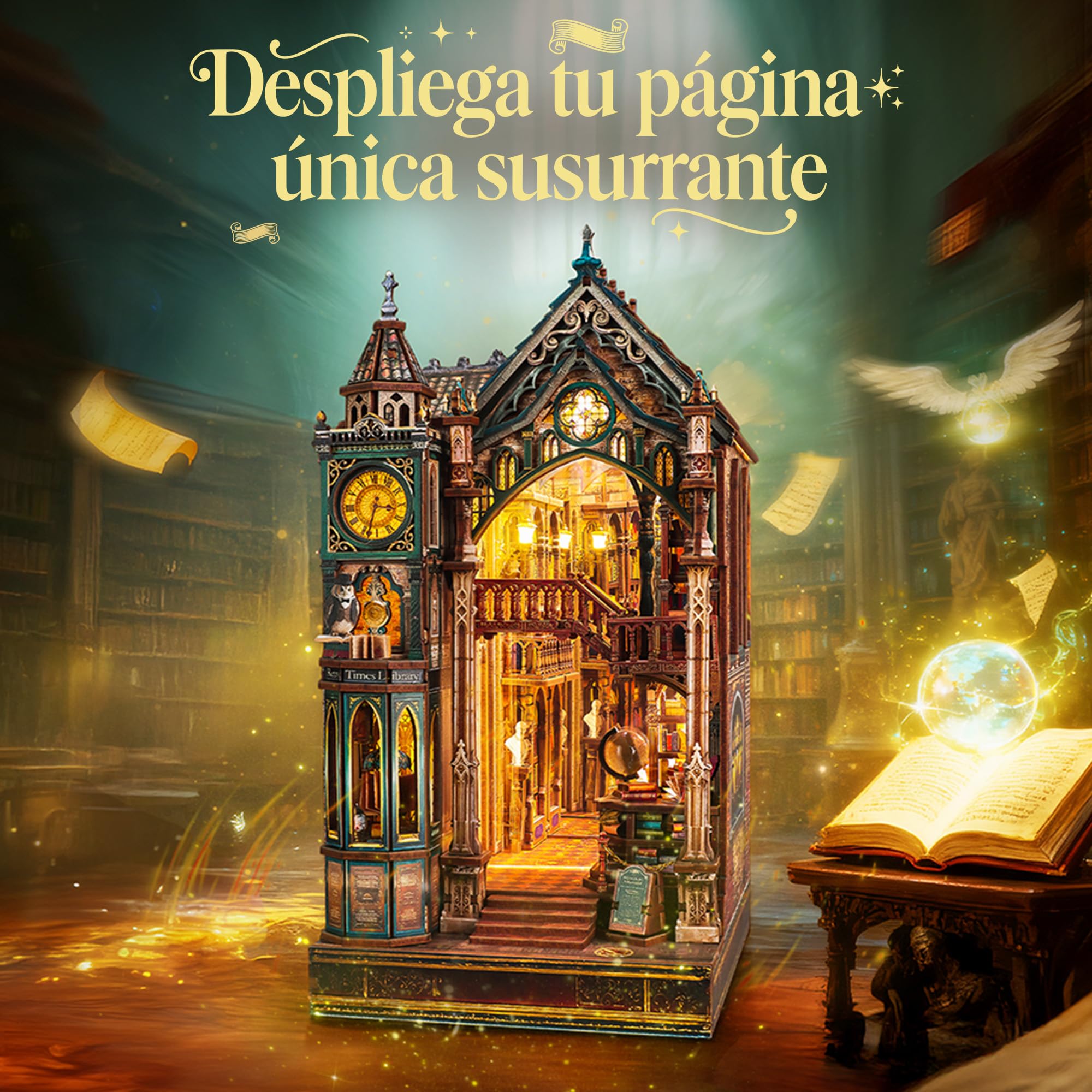 FUNPOLA Magic Library Book Nook Kit – Puzzle 3D de Madera con Espejo Infinito LED – Decoración DIY para estantería, Miniatura Creativa para niños y Adultos (Páginas susurrantes)