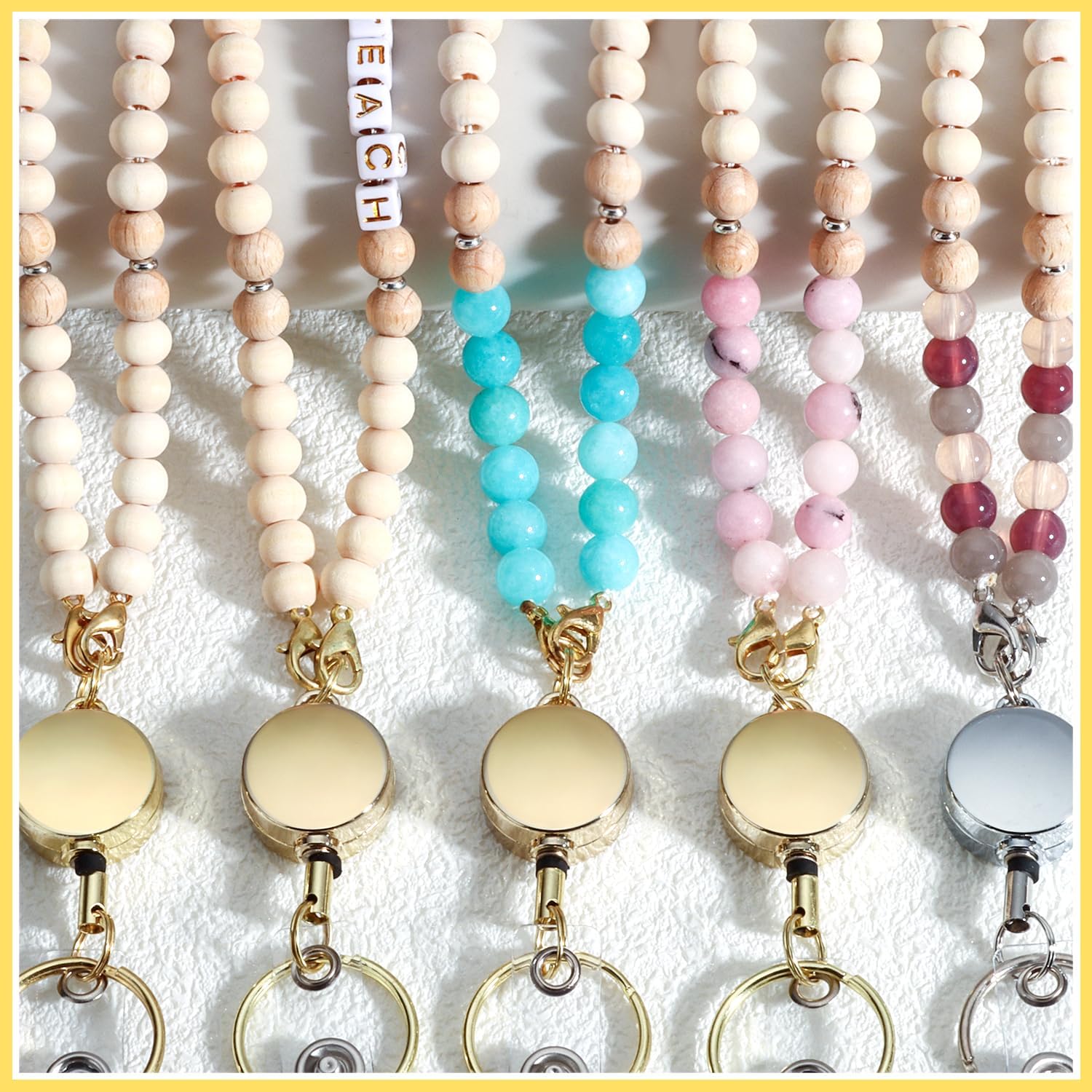 Teacher Lanyard with Id Holder, Cute Lanyards for Id Badges Keys, Retractable Natural Wooden Beaded Lanyard for Women, Pale Pink - Image 2