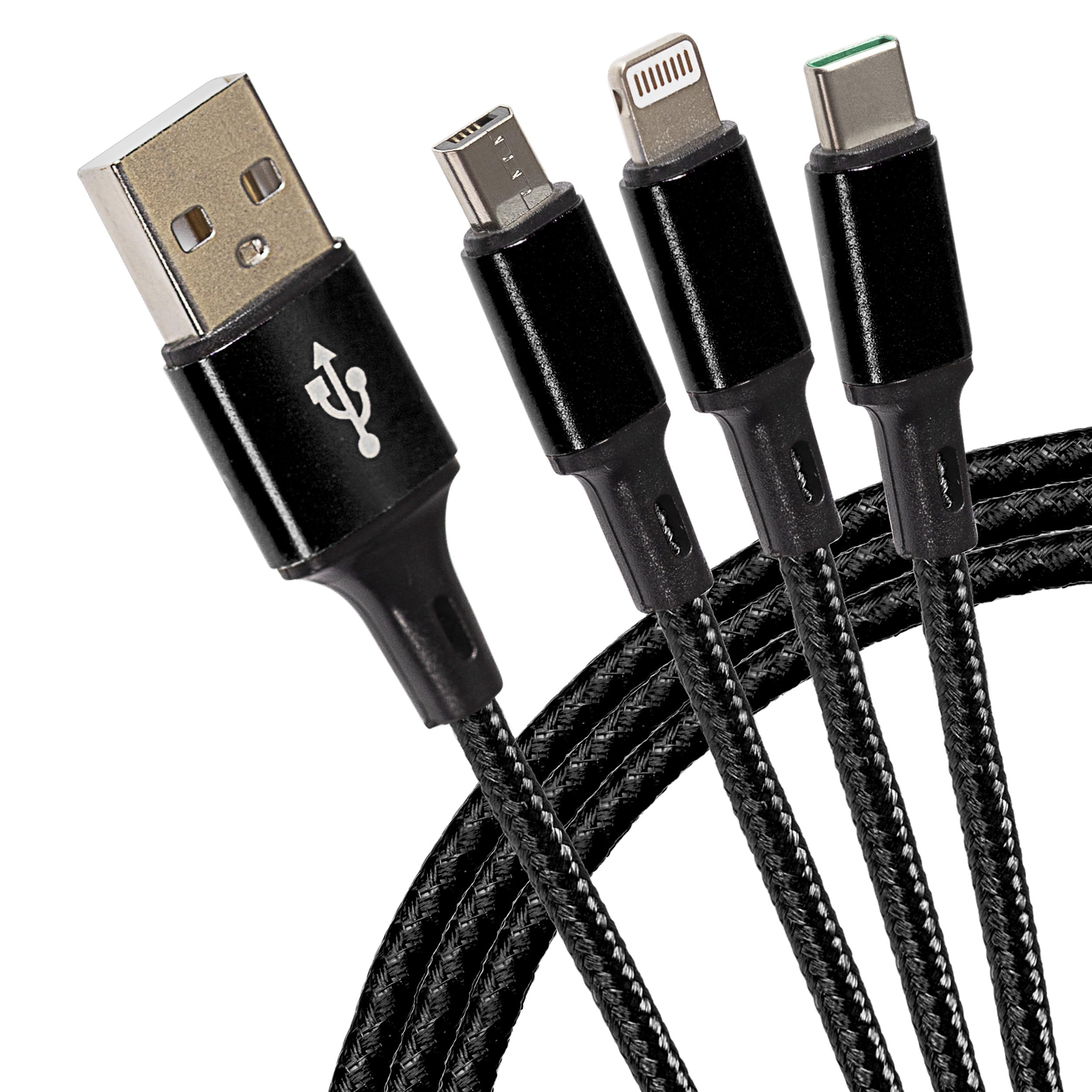 Maplin USB-A to 3 in 1 Multi Charging Cable USB-C & Lightning & Micro USB-B Braided 1.2m Black, for iPhone 15,14,13,12,11, iPad, Android phones Samsung S7/S6/S5, Sony, Huawei, PS4, HTC, Kindle, Camera