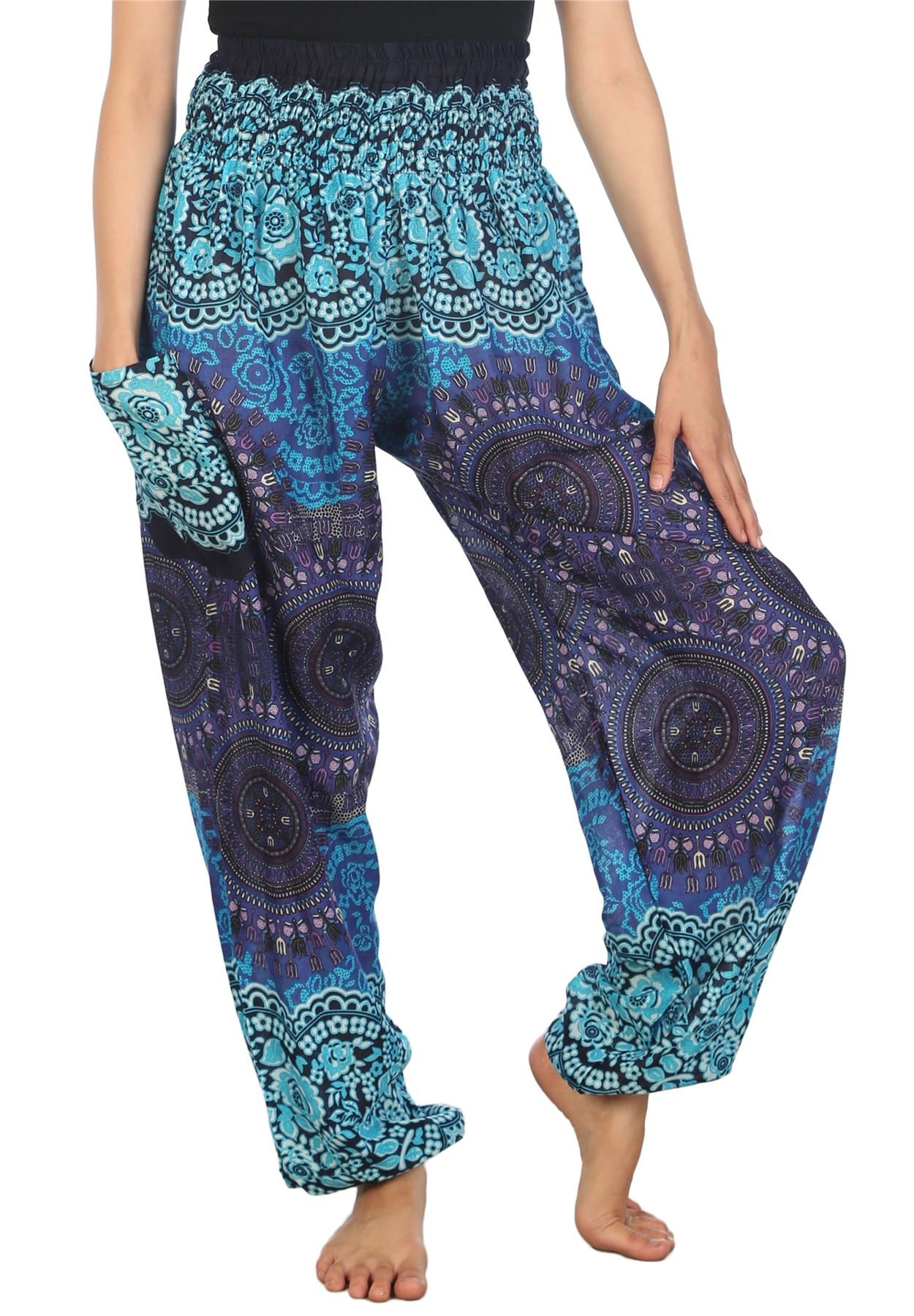 Lofbaz Women's Rose Flower 2 Smocked Waist Harem Pants Blue Size 3XL