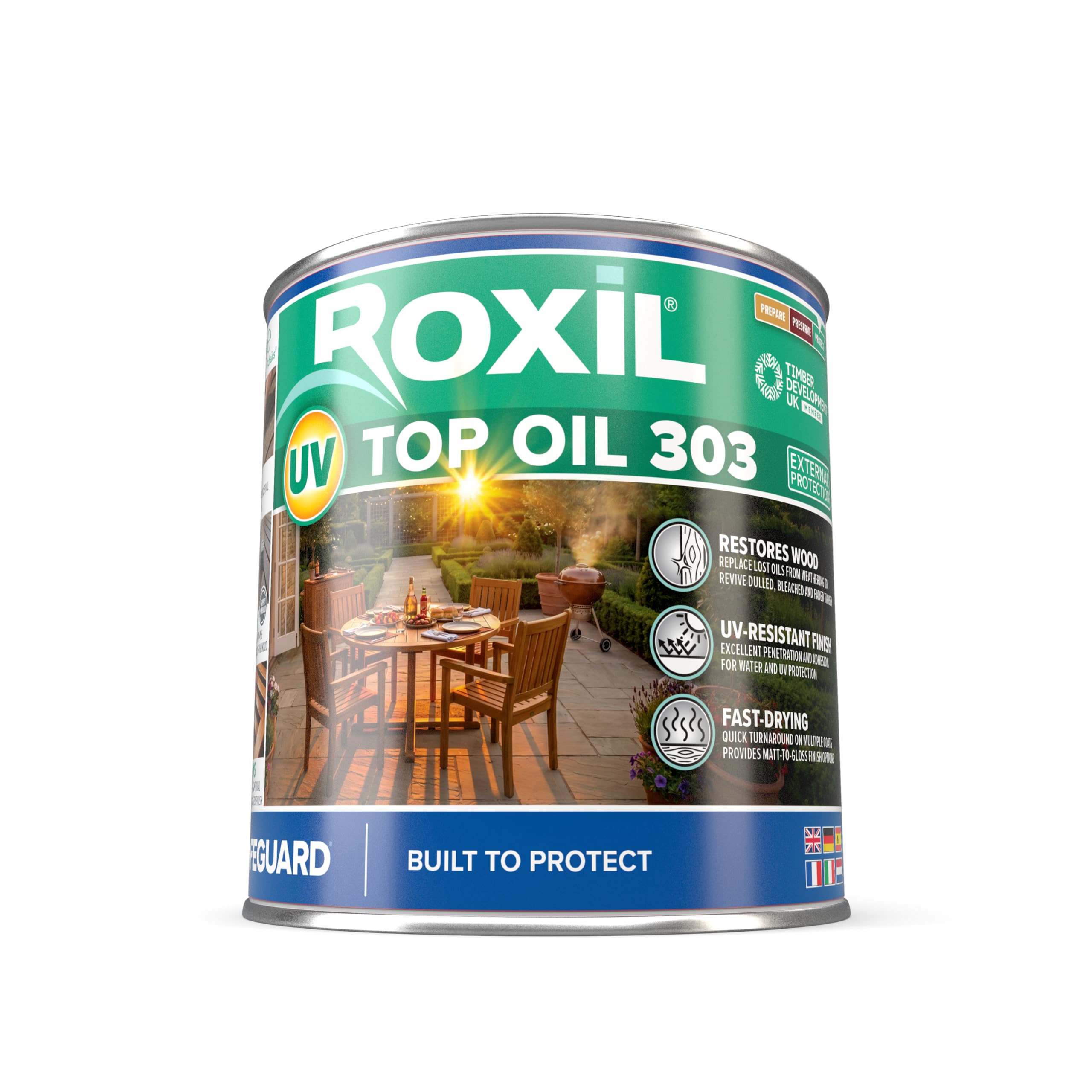 Roxil UV Top Oil 303 (1l, Clear Matt-to-Gloss Finish) | Outdoor Wood Oil | UV Resistant Wood Protection for Furniture, Decking, Sheds & Planters. Weatherproof, Long-Lasting