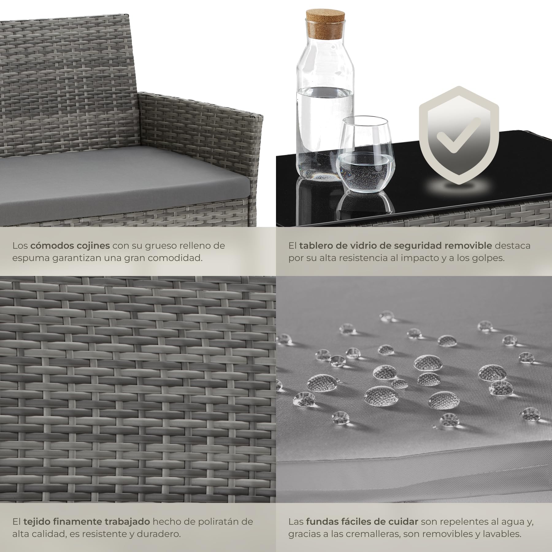 tectake® Conjunto Jardin Exterior de Ratán, Muebles Jardin Exterior para 4 Personas, Muebles Terraza con Mesa de Vidrio, Sofa Exterior y Sillas con Cojines Lavables, Sillon Cómodo - Gris