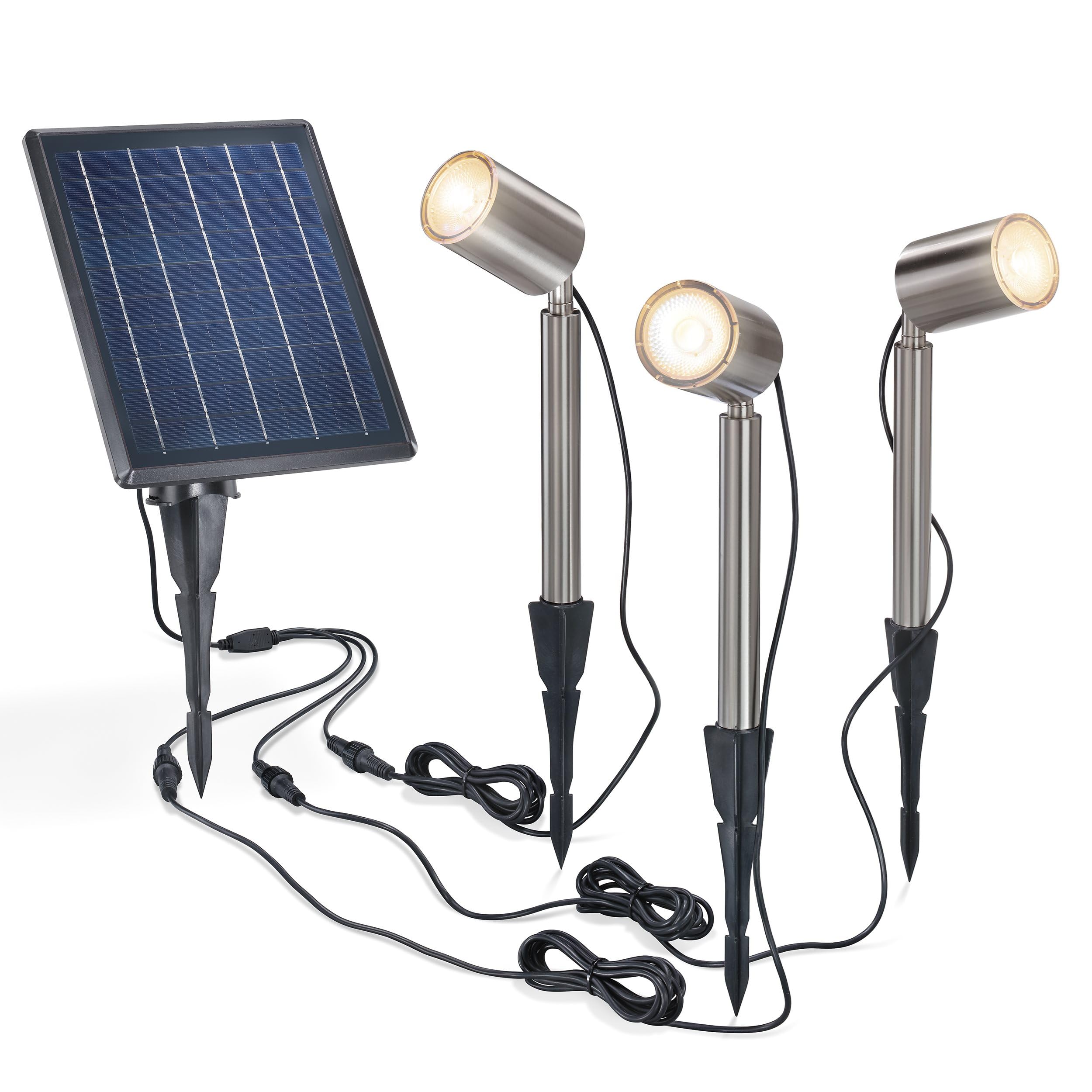 Esotec Premium Strahler PowerTrio, 3er-Set, Edelstahl, Duo Color 3000K 6000K, Solarmodul, Erdspieß, Akku, LED Spot Solarstrahler, Teichbeleuchtung, Spotlight, Metall, IP54, außen, wetterfest, 102705