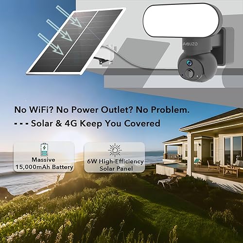 Miniatura 2 de Cámara 4G de seguridad con reflector solar con batería, foco de 1500LM 2K 360 PTZ inalámbrico al aire libre, visión nocturna a color, sensor PIR,