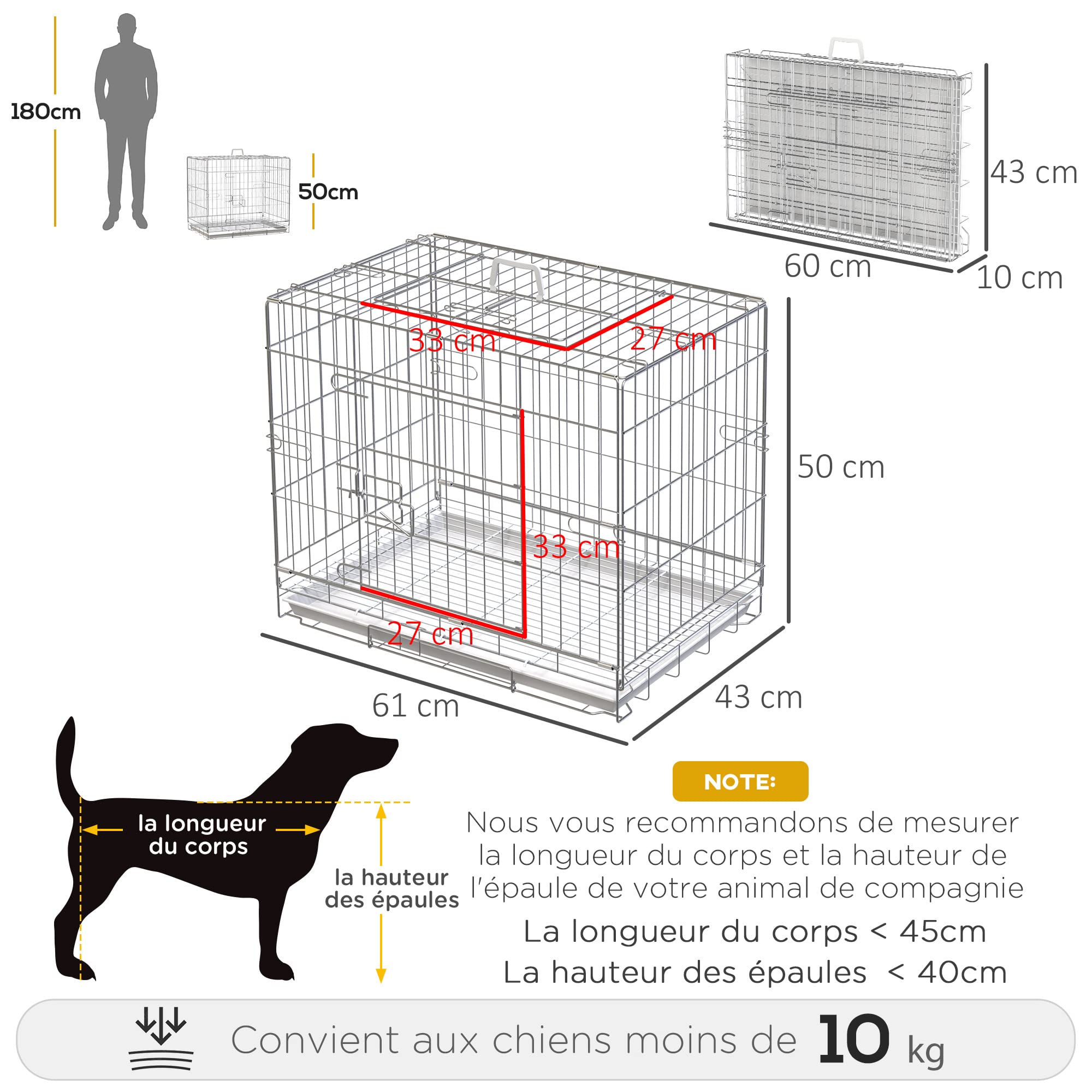 PawHut Cage pour Chien Pliable en Fil métallique avec Plateau Amovible, 1 Porte avec Serrure - 61 x 43 x 50 cm Blanc
