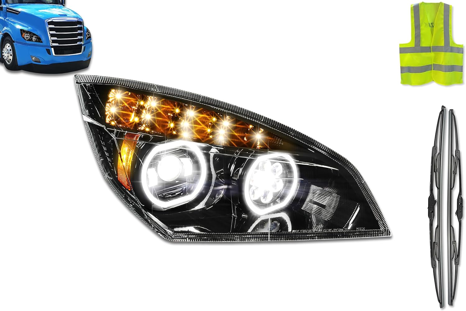 KOZAK Full LED Performance Headlight with LED Turn Signal BLACK Housing (Passenger Right Side) Compatible with Cascadia 2018 and newer PLUS Logo, Windshield Wipers and Vest