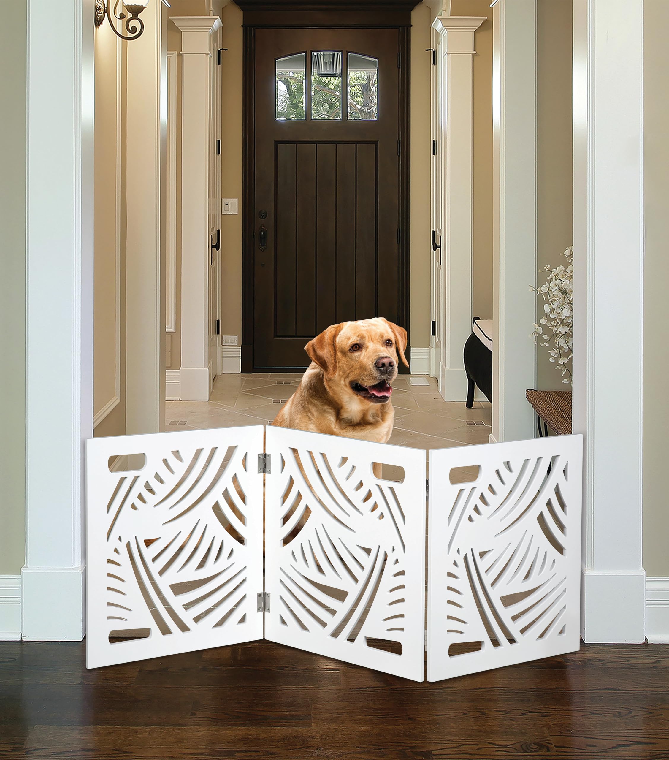 47.5" Indoor/Outdoor Free Standing Adjustable Solid Wood 3 Panel Swirl Design Pet Gate - White