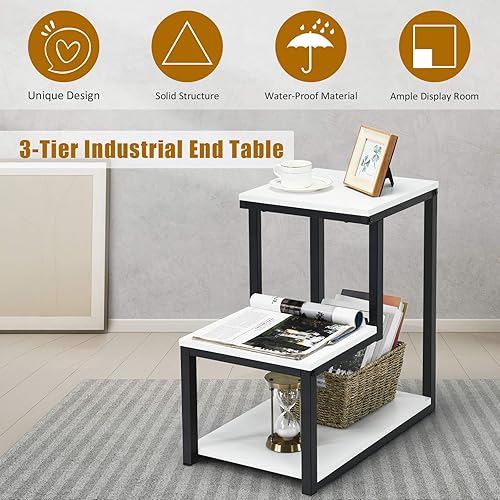 Miniatura 8 de Tangkula Mesa auxiliar de sofá de 3 niveles, mesita de noche con estante de almacenamiento, marco de metal resistente, mesa auxiliar para silla en