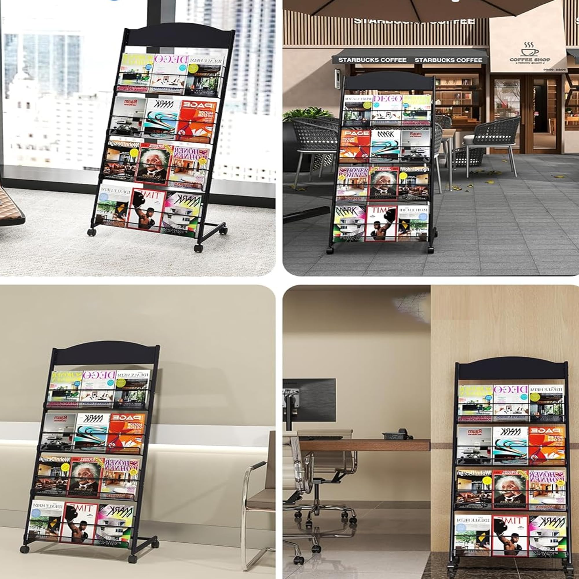 bimiti Prospektständer a4 mit Universalrädern, Zeitschriftenständer 4 Schichten,Schrägsteller Rollbarer Zeitschriftenhalter für Büro, Messen, Messen