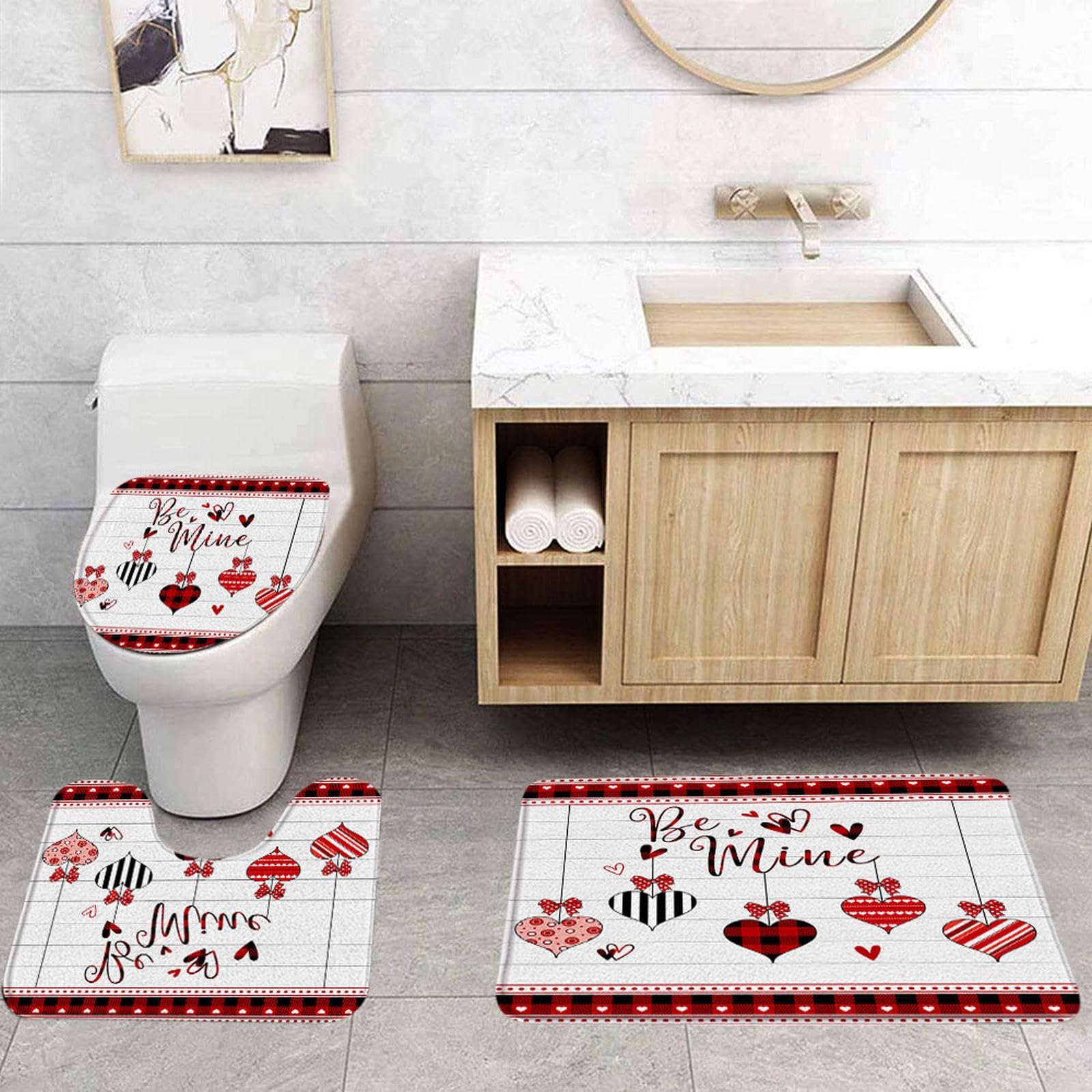 VPUPCN Valentine's Day 3 Pcs Bath Rugs Set,Buffalo Check Plaid Red Heart Romantic Love Sweet Couple Retro Cute Bathroom Kitchen Rug with 16