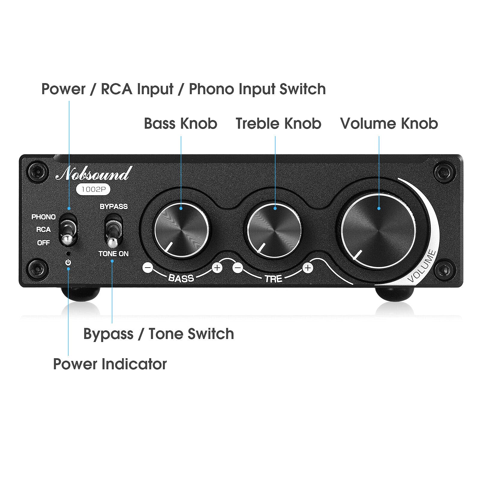 Nobsound 1002P Mini HiFi Stereo Verstärker mit TPA3221 Chip, 2 Kanäle Digitalverstärker, 200W Class D Leistungsverstärker für Desktop Audio, MM Phono Verstärker für Plattenspieler