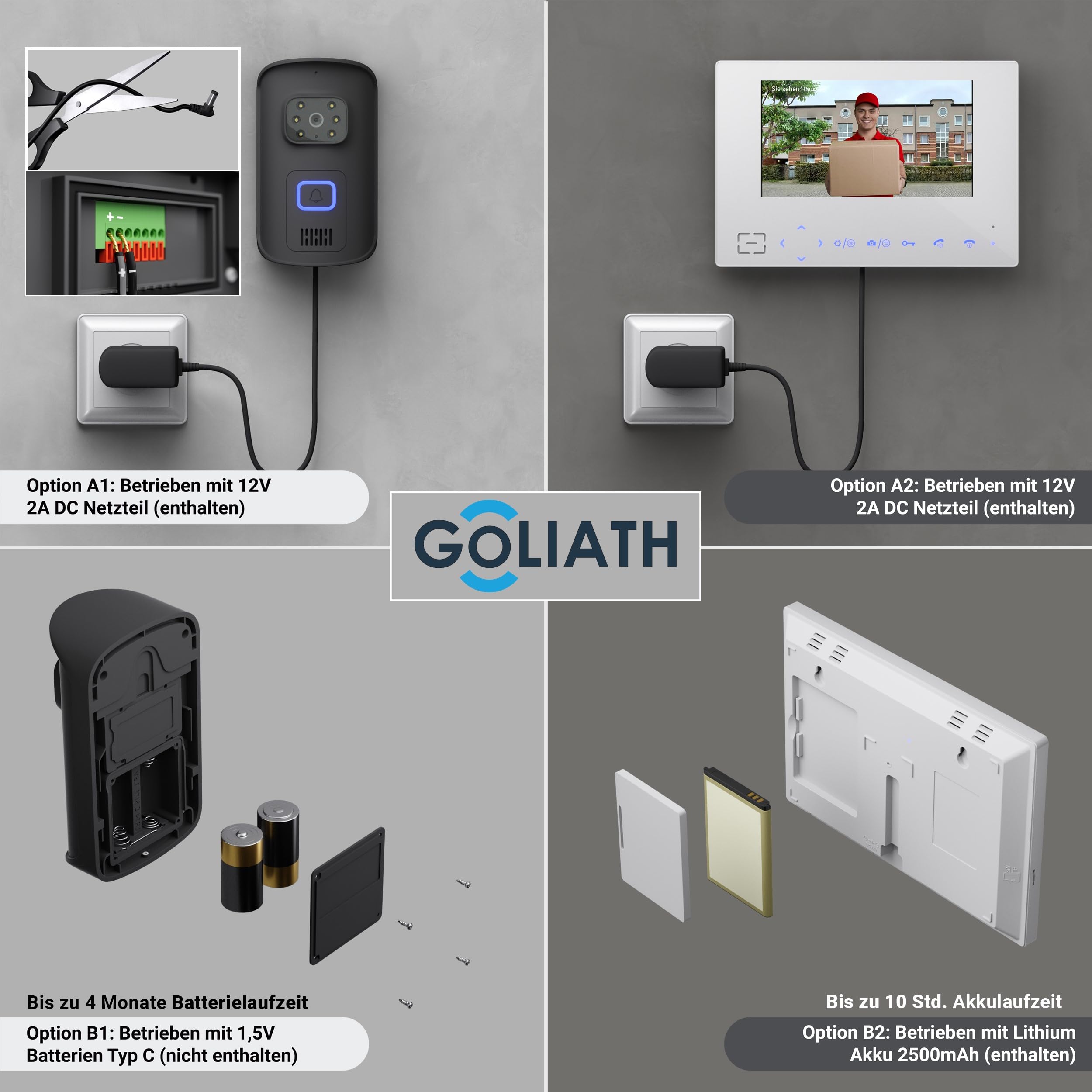 Goliath® Funkklingel mit Kamera & Gegensprechanlage [MIT Monitor] - Türklingel mit Kamera & Monitor - Doorbell Camera - Video Sprech - & Klingelanlage mit Türöffner - Videotürklingel ohne Kabel