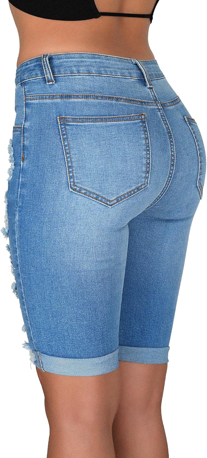 roswear Women's Mid Rise Ripped Stretchy Knee Length Bermuda Denim Shorts - Image 3