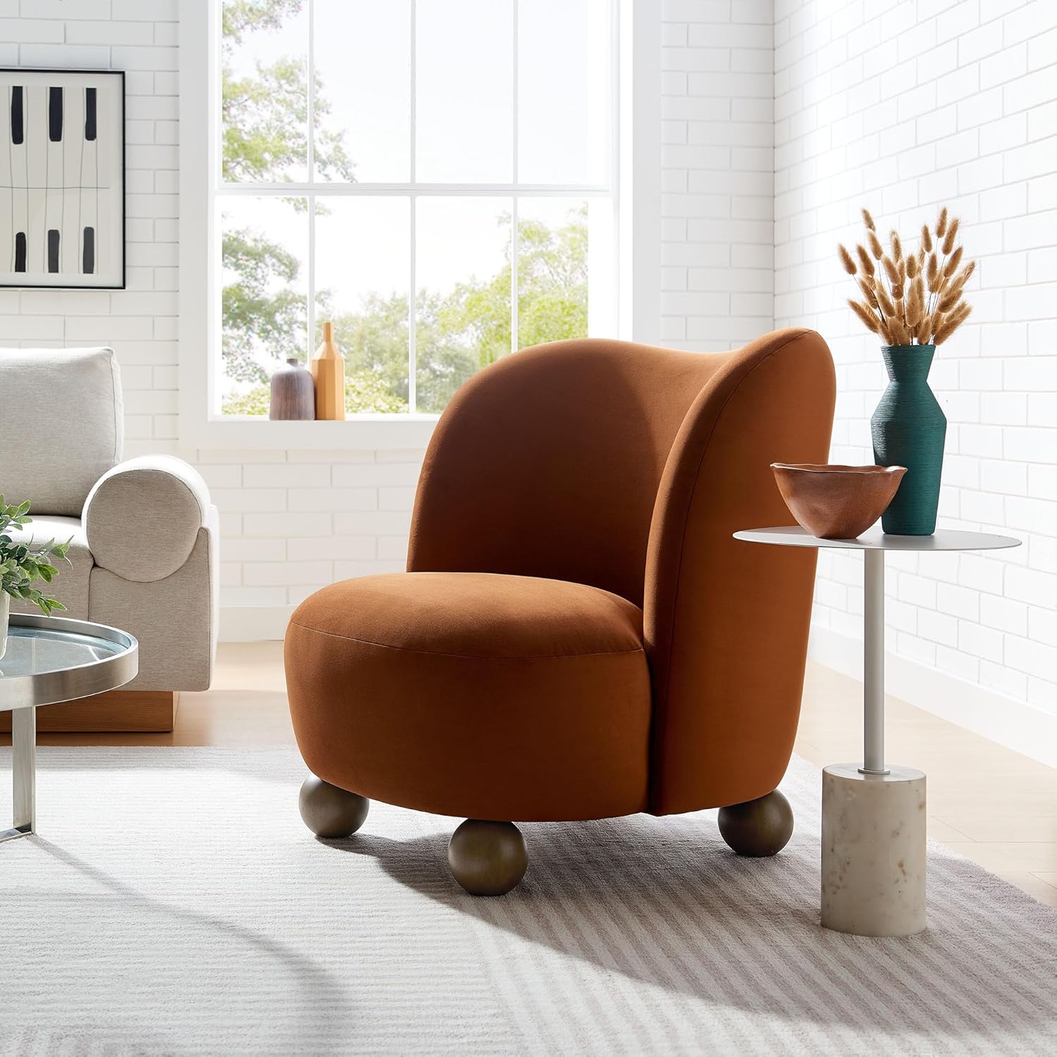 Modway Monroe Performance Velvet Accent Chair in Rust Walnut - Upholstered Stain-Resistant Barrel Chair - Comfy Lounge Chair - Oversized Round Armless Reading Chair for Living Room