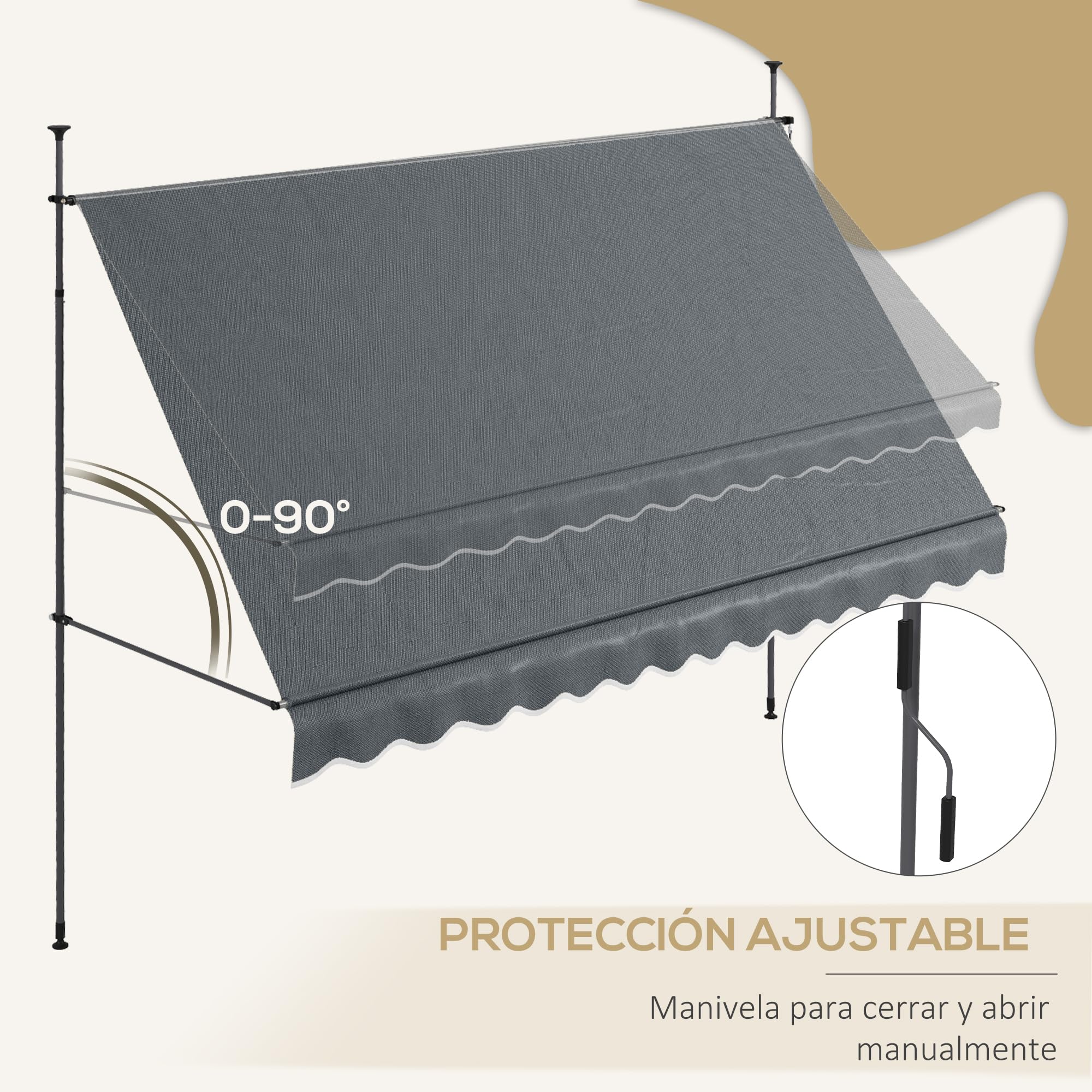 Outsunny Toldo Manual Retráctil 3,5x1,2 m Toldo Exterior Terraza Enrollable Altura Ajustable con Manivela 210-300 cm Sin Taladro Protección UV30+ para Balcón Jardín Gris Oscuro