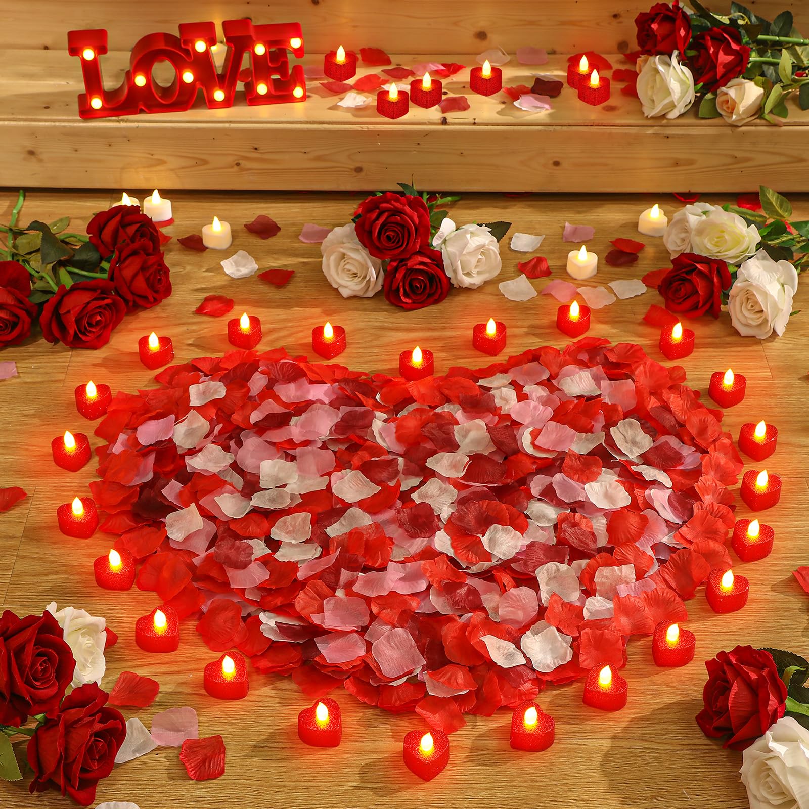 Honoson1000 Pieces Valentine's Day Artificial Rose Petals with 24 Pcs Flameless Heart LED Tea Lights Candles Romantic Night Decorations for Wedding Anniversary Table Decor(Red with Yellow)
