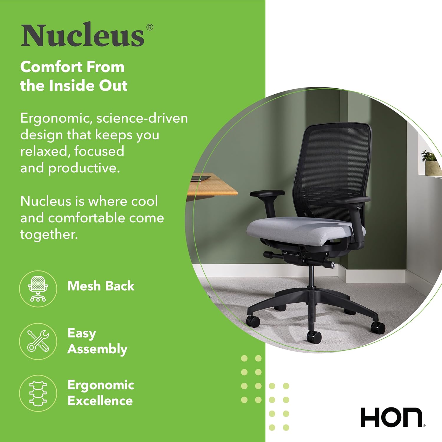 HON Nucleus Office Chair Ergonomic Desk Chair Suspended Seat Mesh Back for Home Office, Task Work - Synchro-Tilt Recline, Swivel Wheels, Adjustable Lumbar Support & Armrests, Black Frame, Gray
