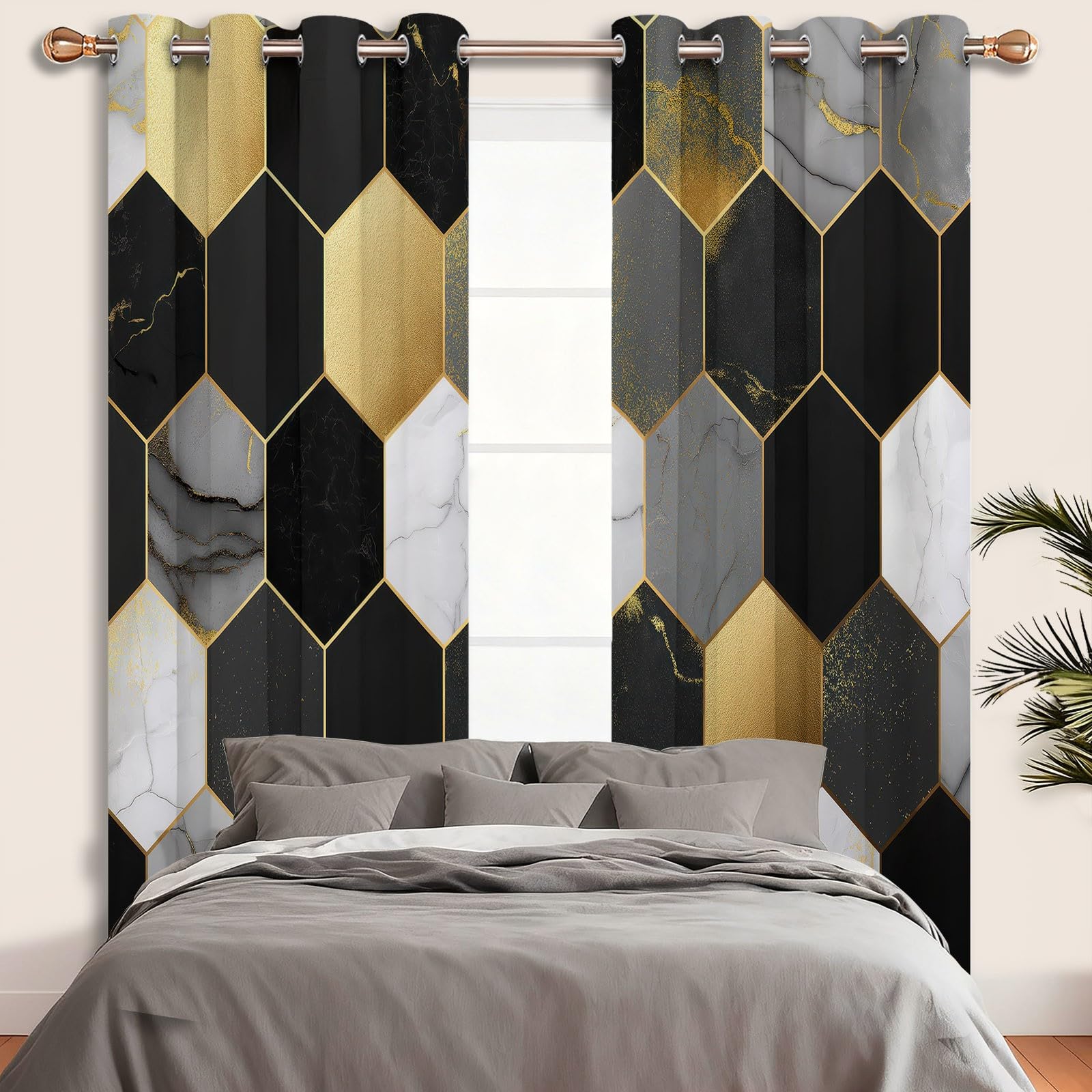 Nordique Abstrait Rideau Occultant, Géométrie Texture Marbrée Carrelage Rideaux, Thermique Isolant Polyester Rideaux à Oeillets, pour Chambre Cuisine Décoration 110 X 215 cm (LxH) (L x H), Lot de 2