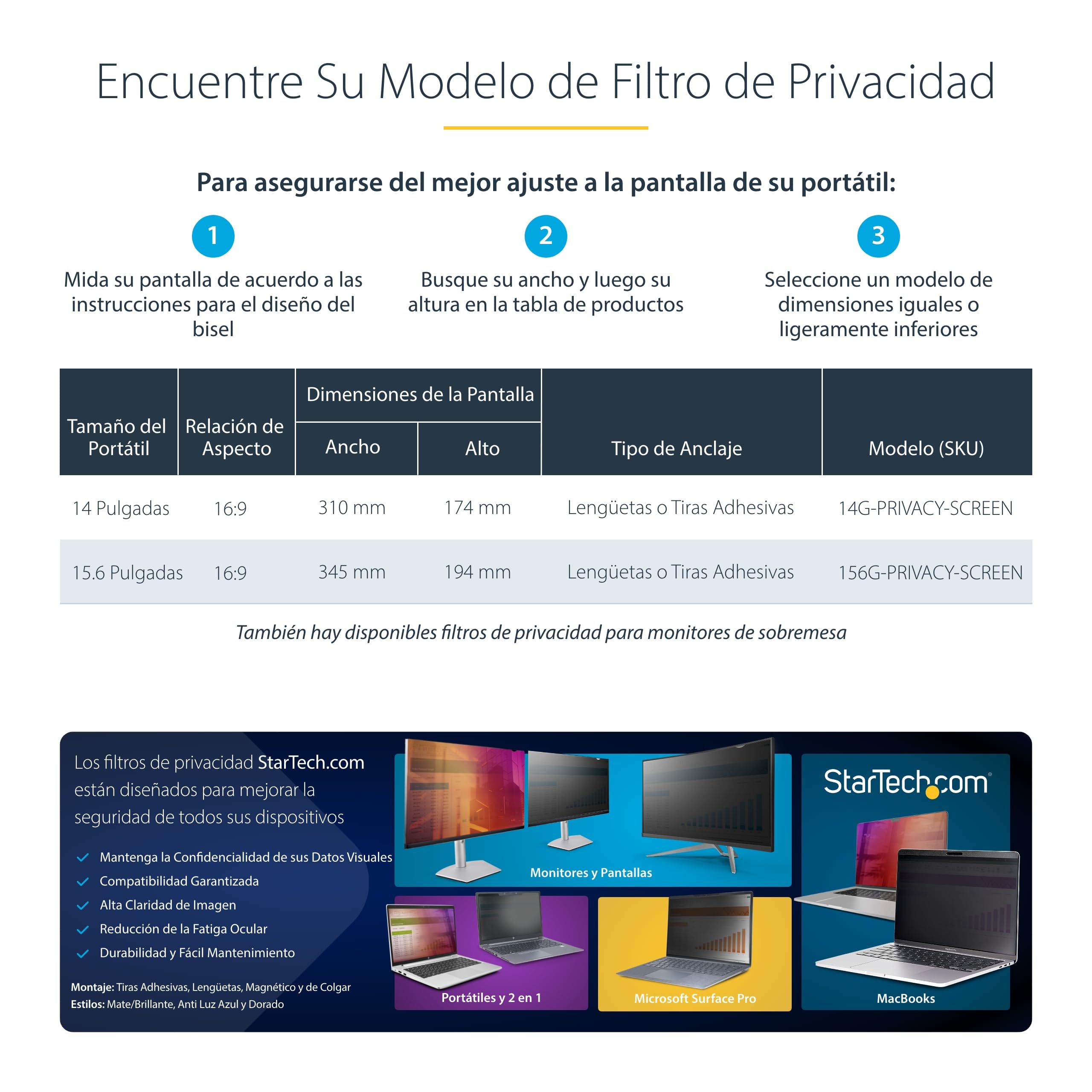 StarTech Filtro de Privacidad Dorado Portátil 14in 16:9 Doble Cara | Bloquea 51% de Luz Azul, Dimensiones 31x17, 4cm, Filtro de Seguridad Extraíble