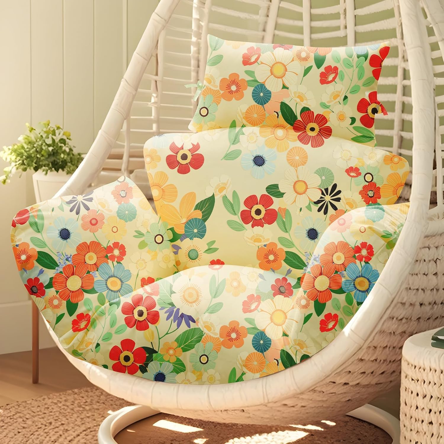 joomie Waterproof Egg Chair Cushion Replacement 119x79x13 cm Thicken Hanging Egg Swing Chair Cushion Indoor Outdoor Wicker Rattan Hammock Basket Cushion with Headrest Pillow, Daisy 26