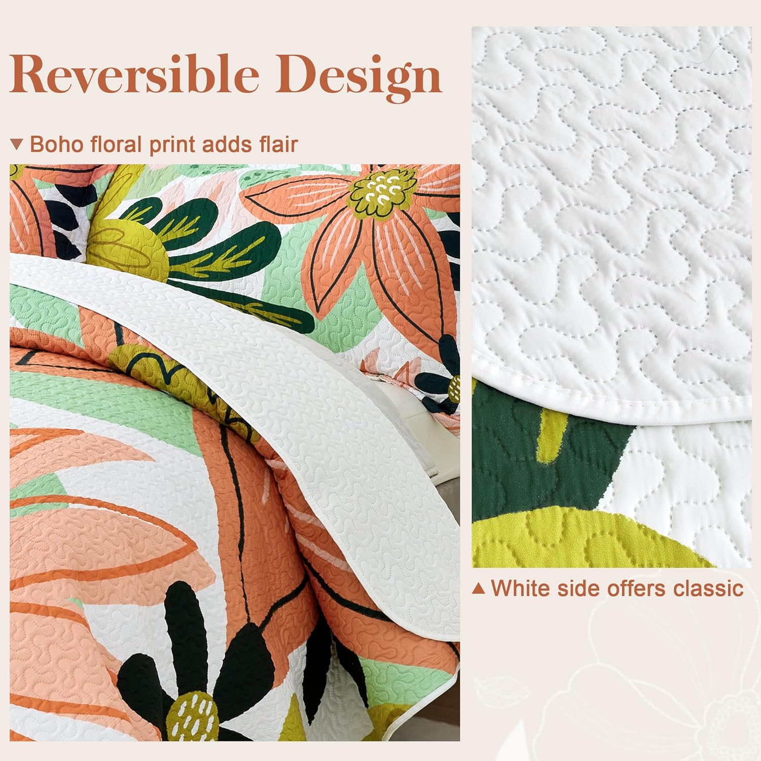 3 Piece Boho Floral Full/Queen Quilt Sets Farmhouse Reversible Lightweight Bedspread Coverlet with 2 Shams Mid Century Botanical Leaves Microfiber Bedding Quilts Set for All Season, 90''x96'' - Image 3