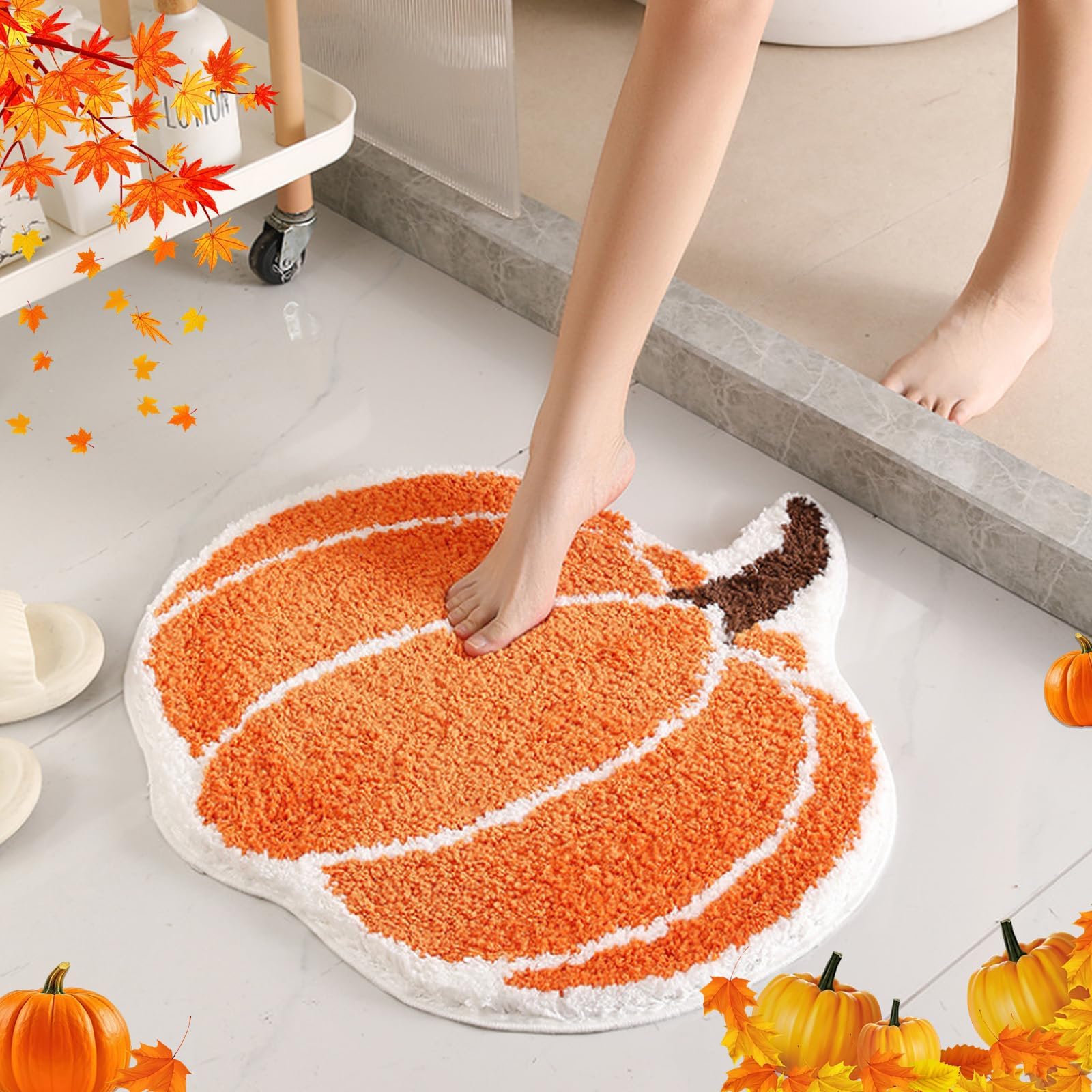 AVEKI Cute Pumpkin Bath Mat, Halloween Bathroom Decor Mat, Extra Soft Fluffy Absorbent Non-slip Bathtub Mat, Machine Washable Funny Pumpkins Shape Bath Rug for Shower Bedroom Door 20" x 31" (Pumpkin) — image 1