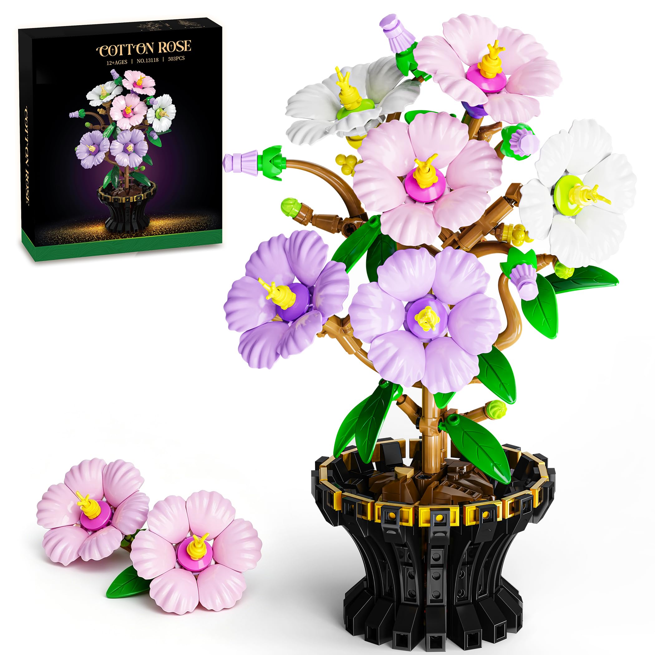 QGGQ 503PCS Hibiscus Flower Building Blocks Set for Adults, Artificial Flowers Bouquet Botanicals Kit, DIY Home Decoration Kit, Flowers Plant Home Decor Gift for Mother's Day, Valentine Day, Birthday