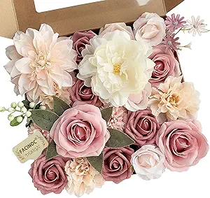 Roses Artificial Flowers Pink Bouquets Box Set for DIY Bridal Wedding Shower Decorations Fake Floral Arrangements for Party Table Centerpieces Home Decor Indoor Outdoor Dusty Blush 19pcs