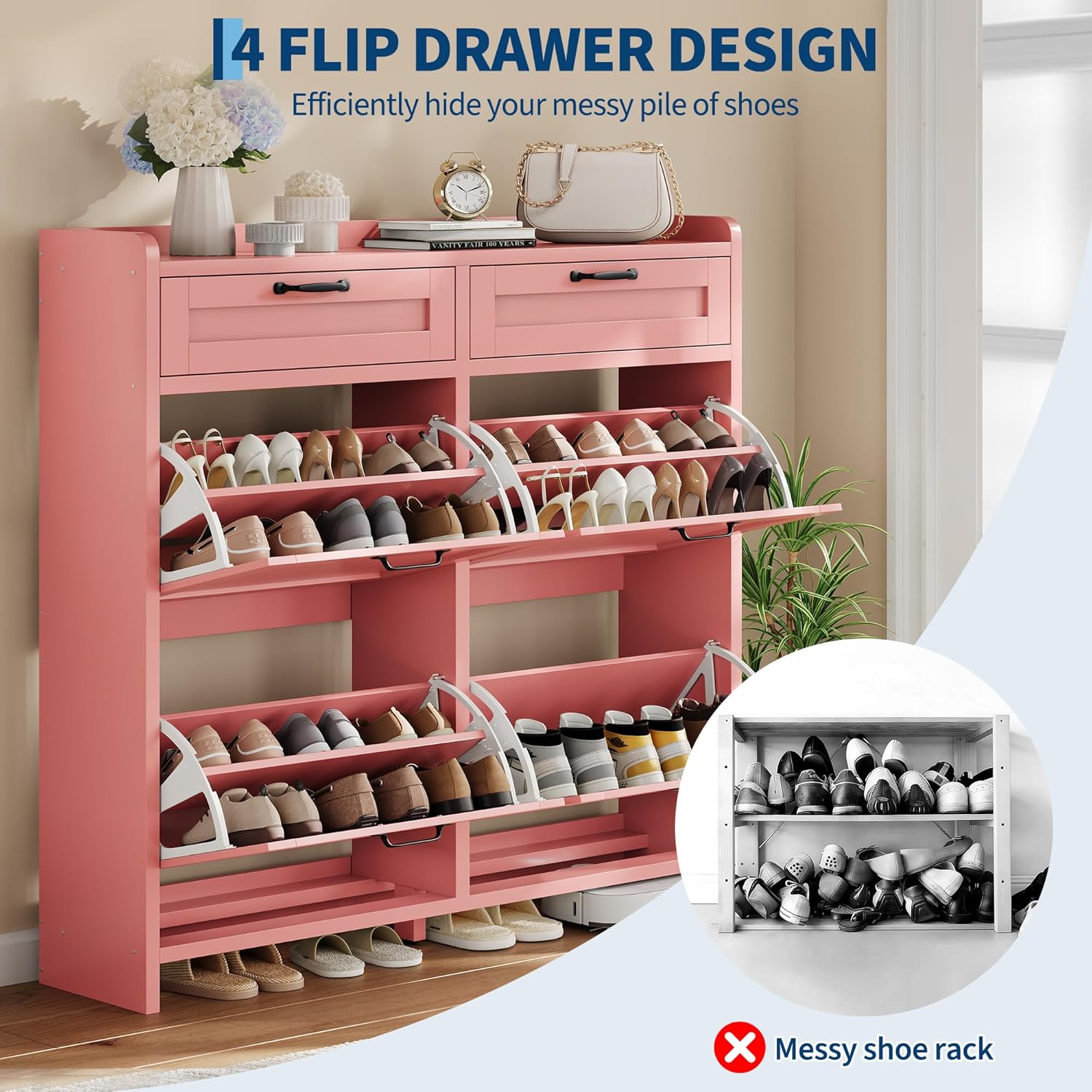 Shoe Cabinet with 4 Flip Drawers & 2 Top Drawers, Wooden Shoe Organizer Cabinet with Adjustable Shelf, Freestanding Shoe Storage Cabinets for Entryway, Hidden Shoe Storage for Hallway, Living Room
