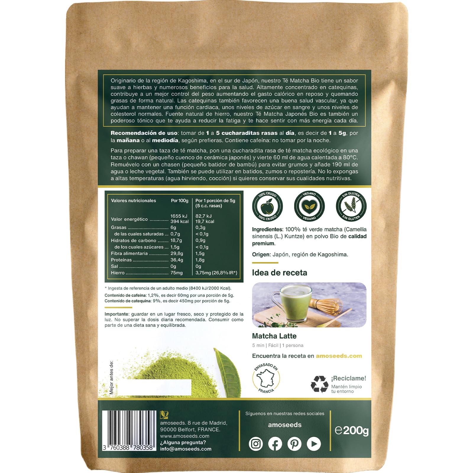 Té Matcha Premium Japonés en polvo Bio 200G | Té Verde Orgánico, Originario de Kagoshima | Tonificante, Drenante