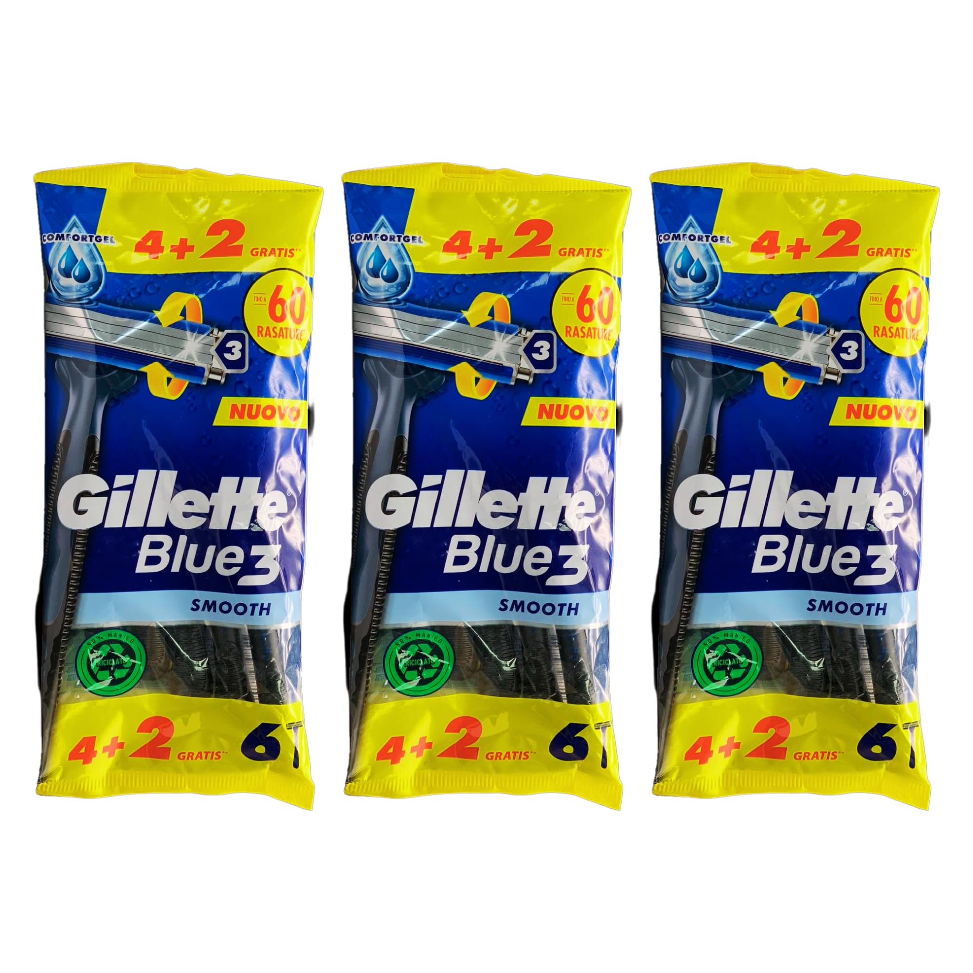 Rasoio Blue3 Smooth, Usa e Getta, Fino a 60 Rasature. Confezione da 6 Pezzi (3 Unità)