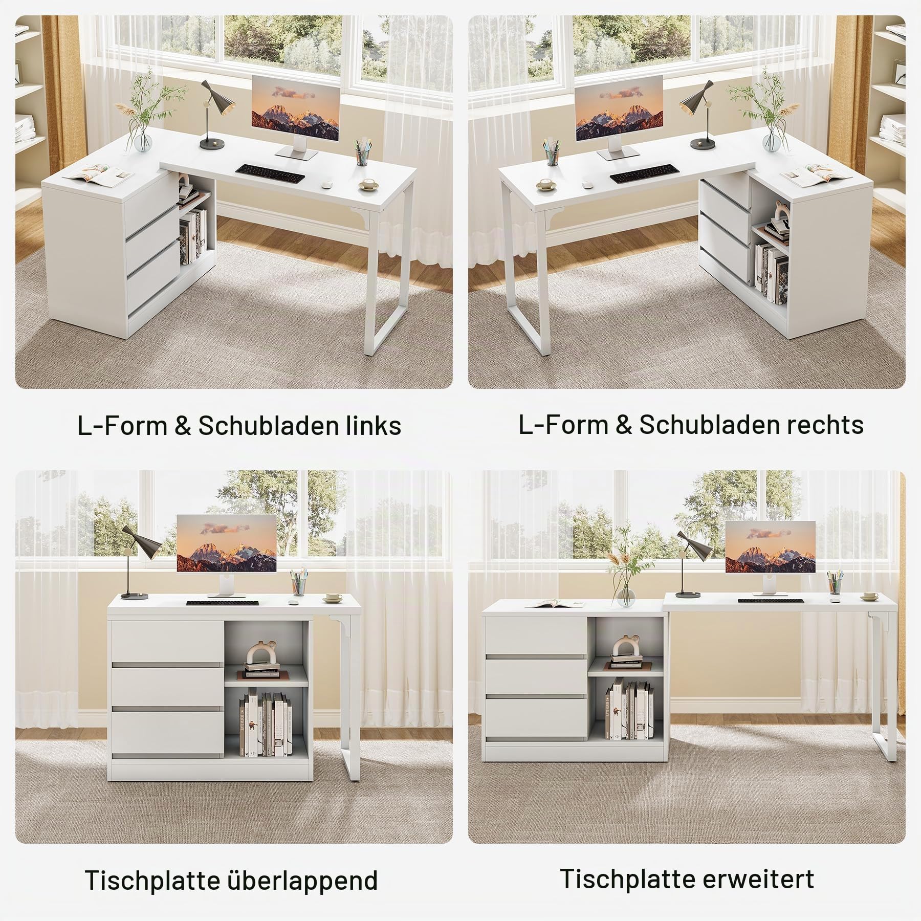 Tribesigns Schreibtisch, L-förmiger Computertisch mit Schubladen und Regalen, wendbarer weißer Eckschreibtisch mit Aufbewahrungsschrank, moderner Arbeitstisch für Homeoffice, Schlafzimmer