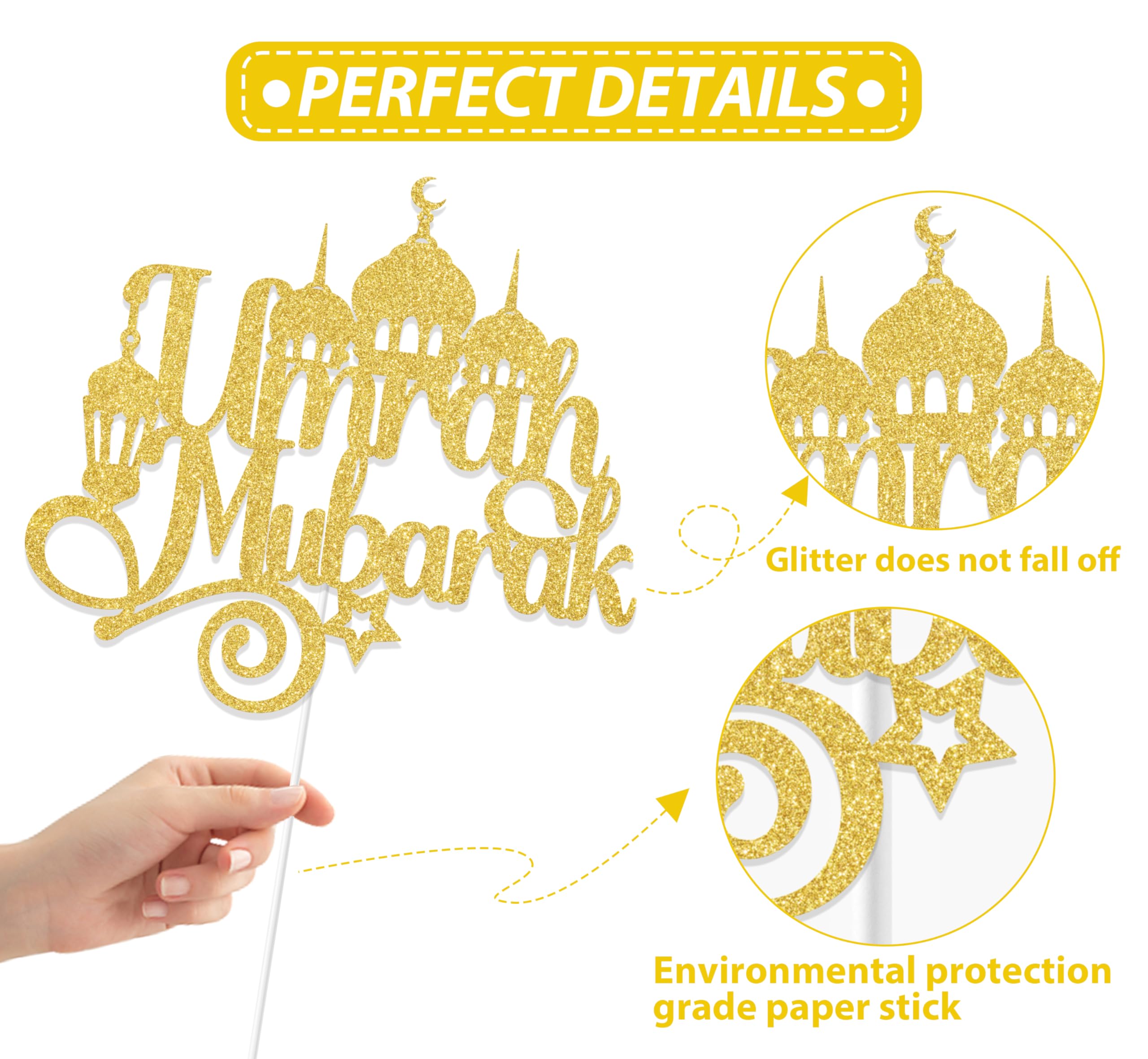 Aumccxz Umrah Mubarak Cake Topper Muslim Islam Eid al-Fitr Party Decorations for Gifts Eid Mubarak Ramadan Kareem Muslim Party Decor Supplies Gold - Image 3