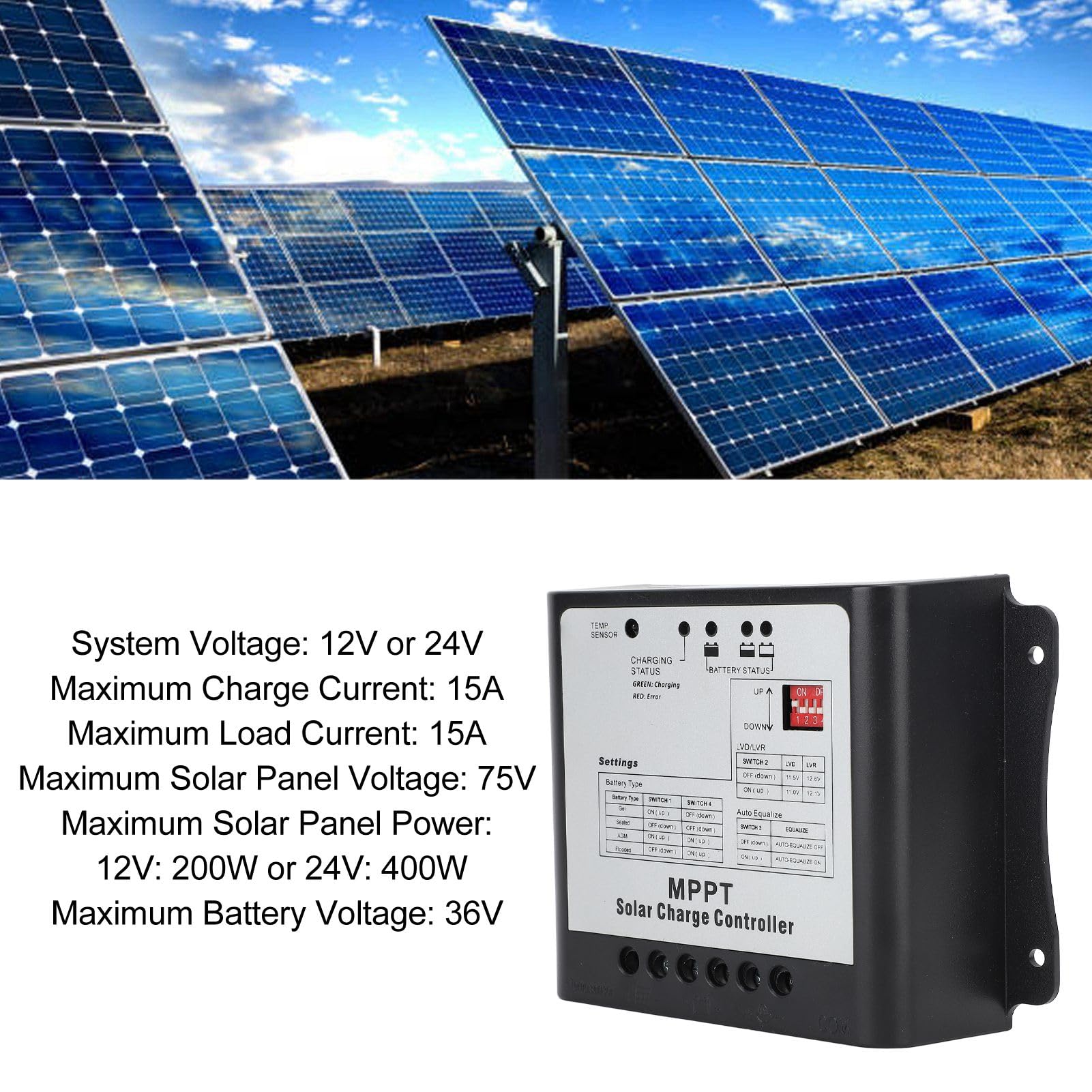 Omabeta Contrôleur de Charge Solaire MPPT 75 V 15 A, Régulateur de Batterie