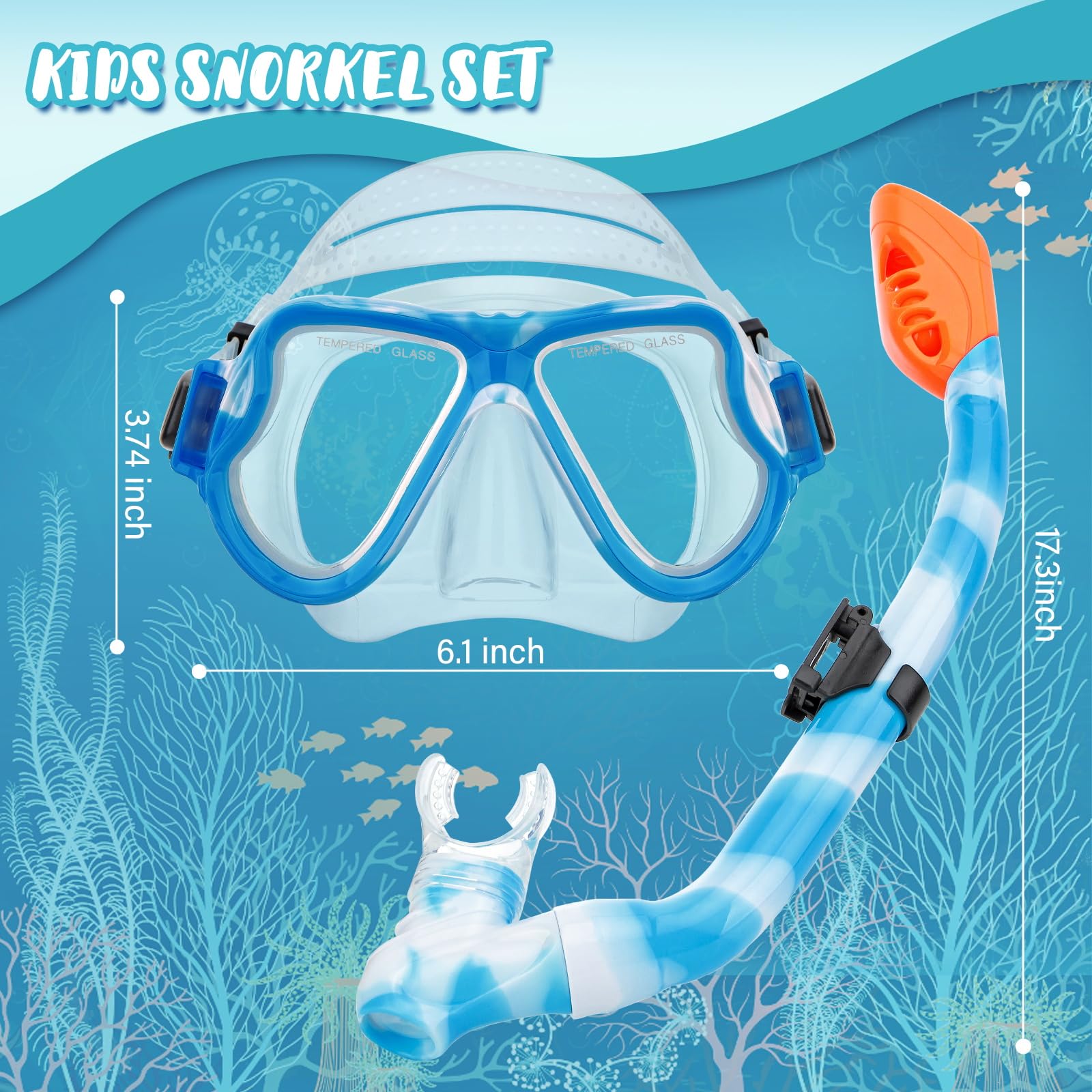 Set da snorkeling per bambini dai 6 ai 14 anni, attrezzatura da snorkeling per bambini con Dry Top, anti-perdite, anti-appannamento, vista panoramica, set per ragazzi e ragazze, blu