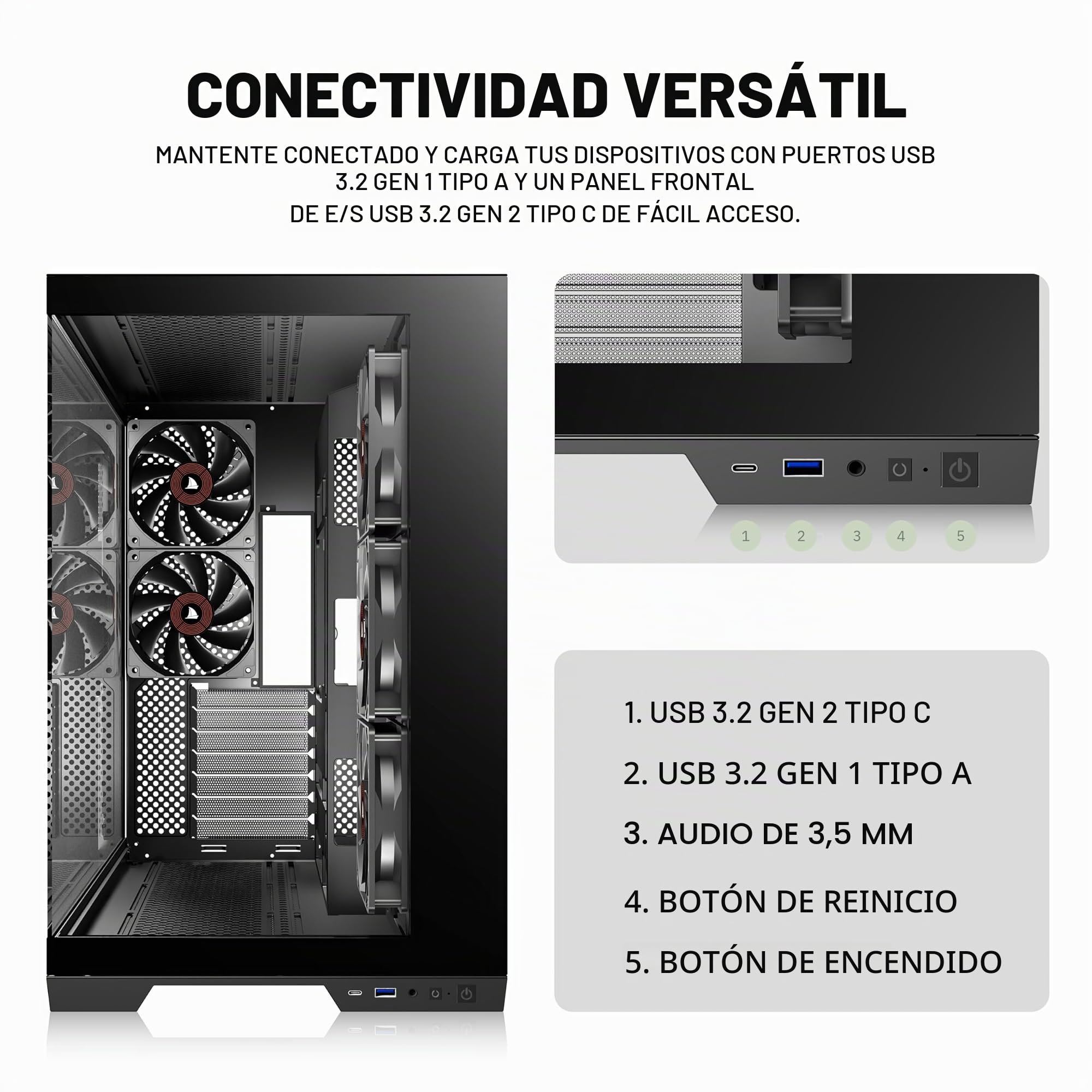KEDIERS - Caja de ordenador con 5 ventiladores preinstalados, caja de juego ATX Mid Tower - Caja de ordenador con parte lateral abierta de cristal templado negro