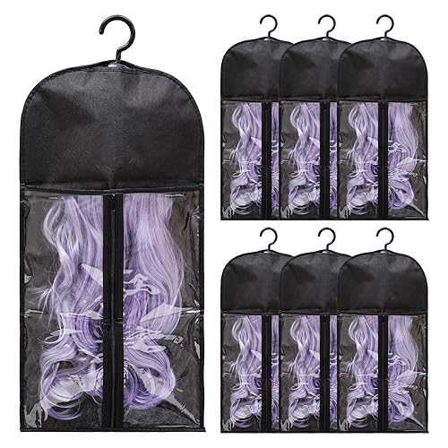 6-Pack Hair Extension Holder - Wig Storage Bags with Hanger for Multiple Wigs, Dust-proof, Ideal for Hair Extensions & Accessories