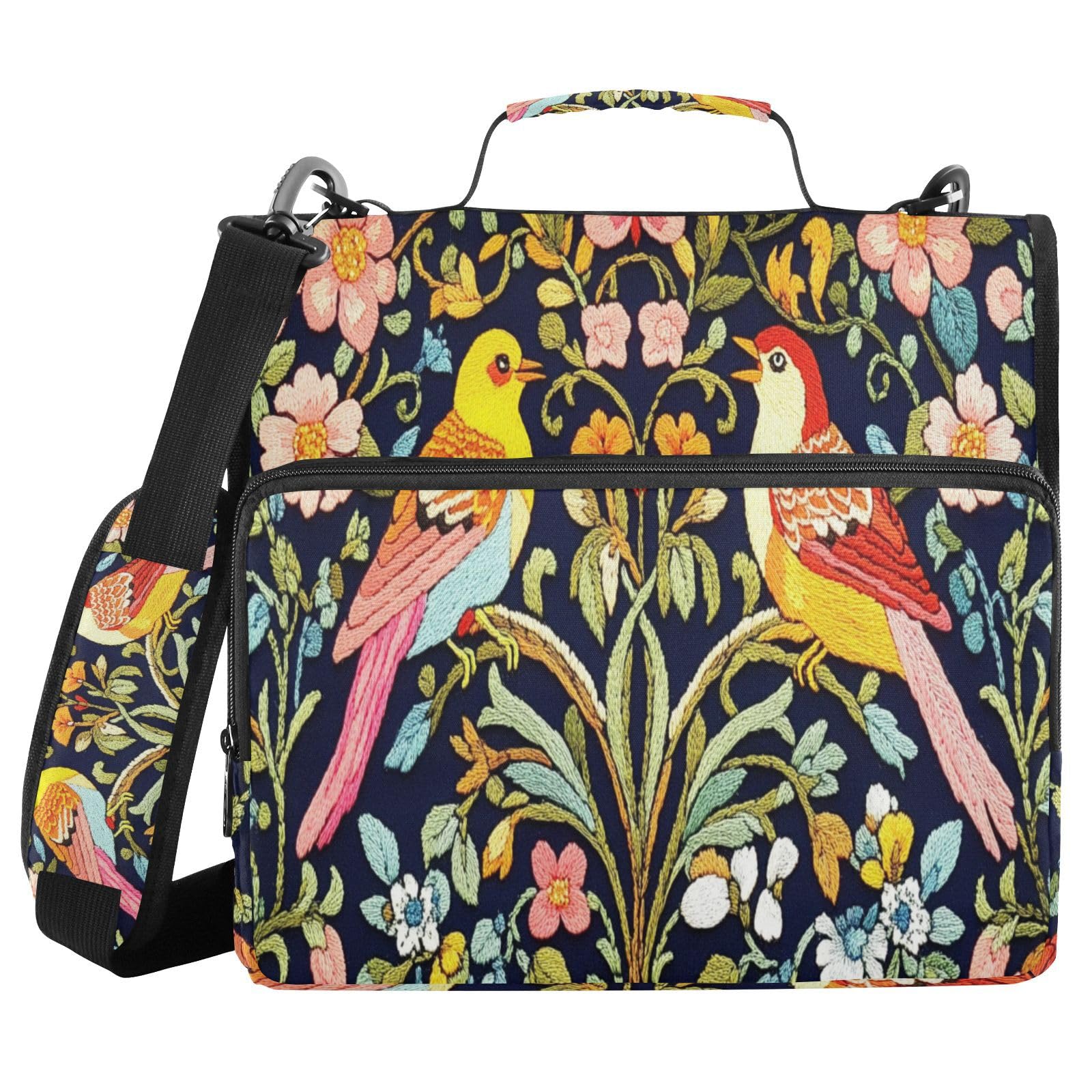 3 Ring Zipper Binder Embroidery William Morris Birds Flowers, 1.5 Inch Ring Binder Organizer Bag with Shoulder Strap Fits 13 Inch Laptop and 500 Sheets