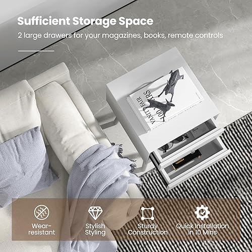 Miniatura 4 de GOFLAME Juego de 2 mesitas de noche con 2 cajones, pequeña mesa auxiliar de madera, moderna de mediados de siglo con almacenamiento, mesa auxiliar