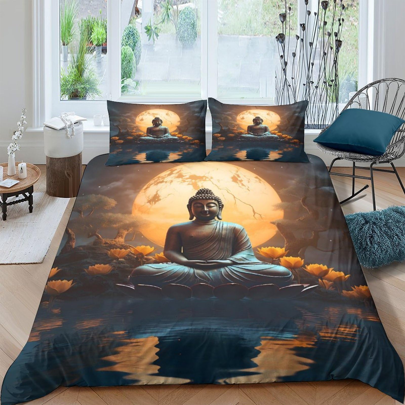 Ctjqhvkz Style-7 3D Printed Buddha Meditation Fitted Sheet Microfiber Soft Orange Lotus Bed Cover For Bedroom Dorm Mattress Protection Decor Single（135X200cm）