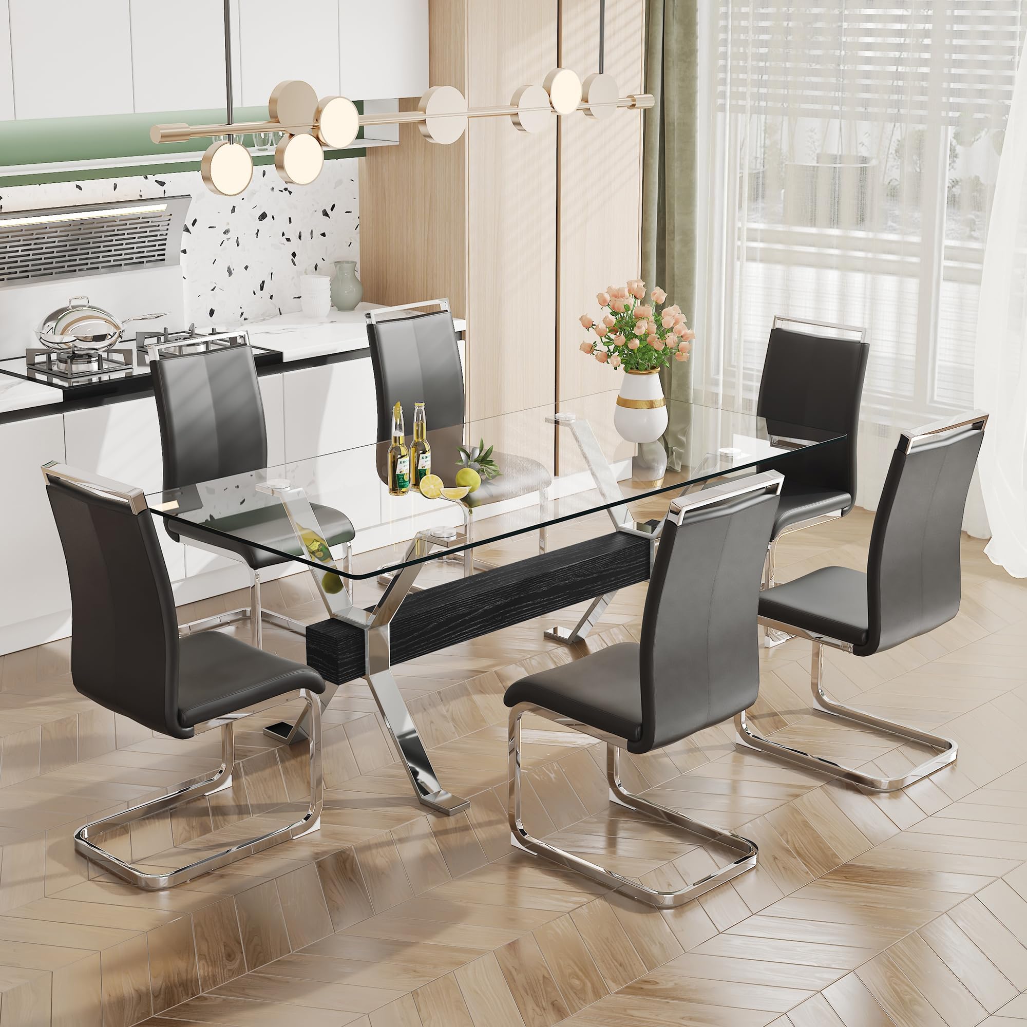 Pvillez Glass Dining Table Set for 6, 7 Piece Dining Room Table Set, 78" Modern Large Glass Kitchen&Dining Room Table with Silver Metal Legs and Black MDF Crossbars & 6 Black PU Leather Dining Chairs