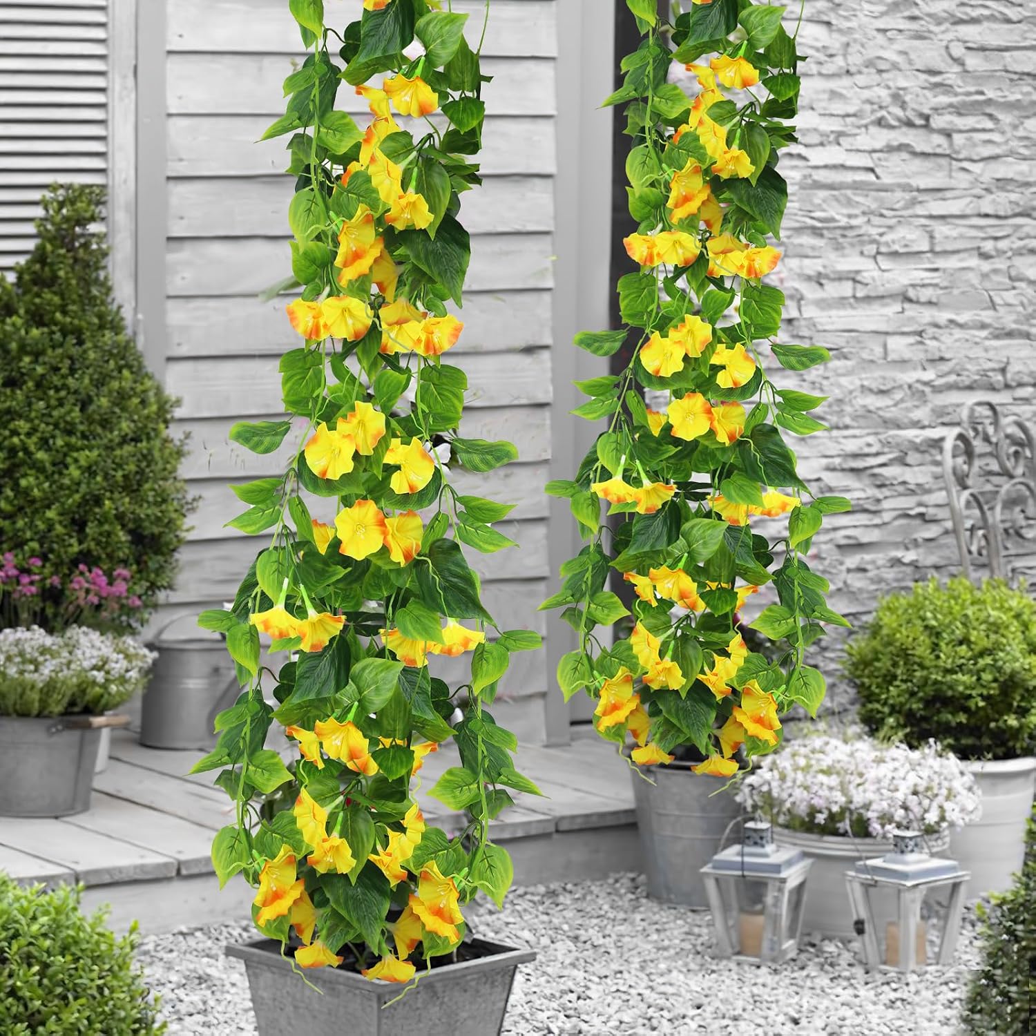 CISDUEO 2 Pcs Artificial Vines Silk Morning Glory Vines for Outdoor 15Feet Hanging Plants Garland Yellow Fake Green Plant Morning Glories for Home Decor Wall Fence Stairway Wedding Hanging Baskets