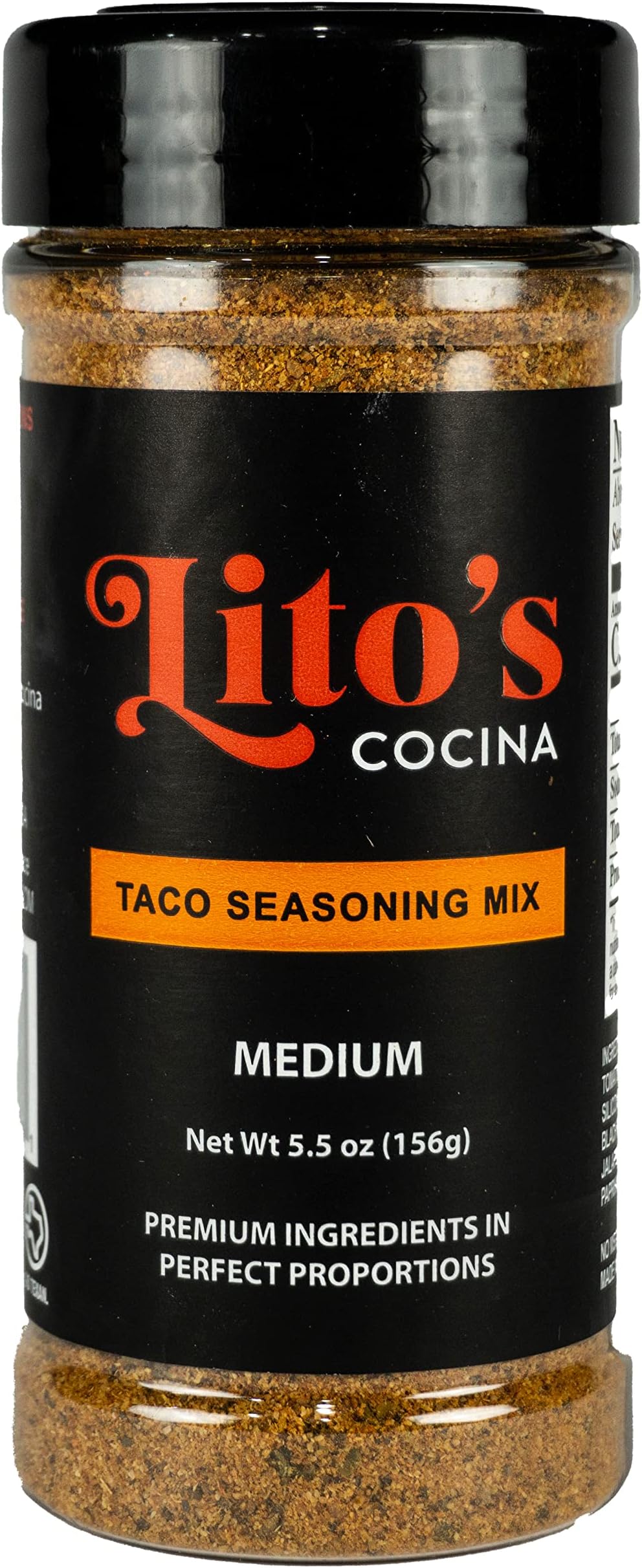 Lito's Cocina Taco Seasoning Mix-Medium, Premium All Natural Ingredients, No Sugar, No MSG, Gluten Free, Zero Carbs, 5.5oz Jar