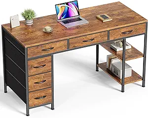 Huuger Computer Desk with 6 Drawers, 47 Inch Office Desk with Shelves, Reversible Gaming Desk, Corner Desk with Storage, Work for Home Office, Study, Living Room, Rustic Brown The Forest Stewardship Council