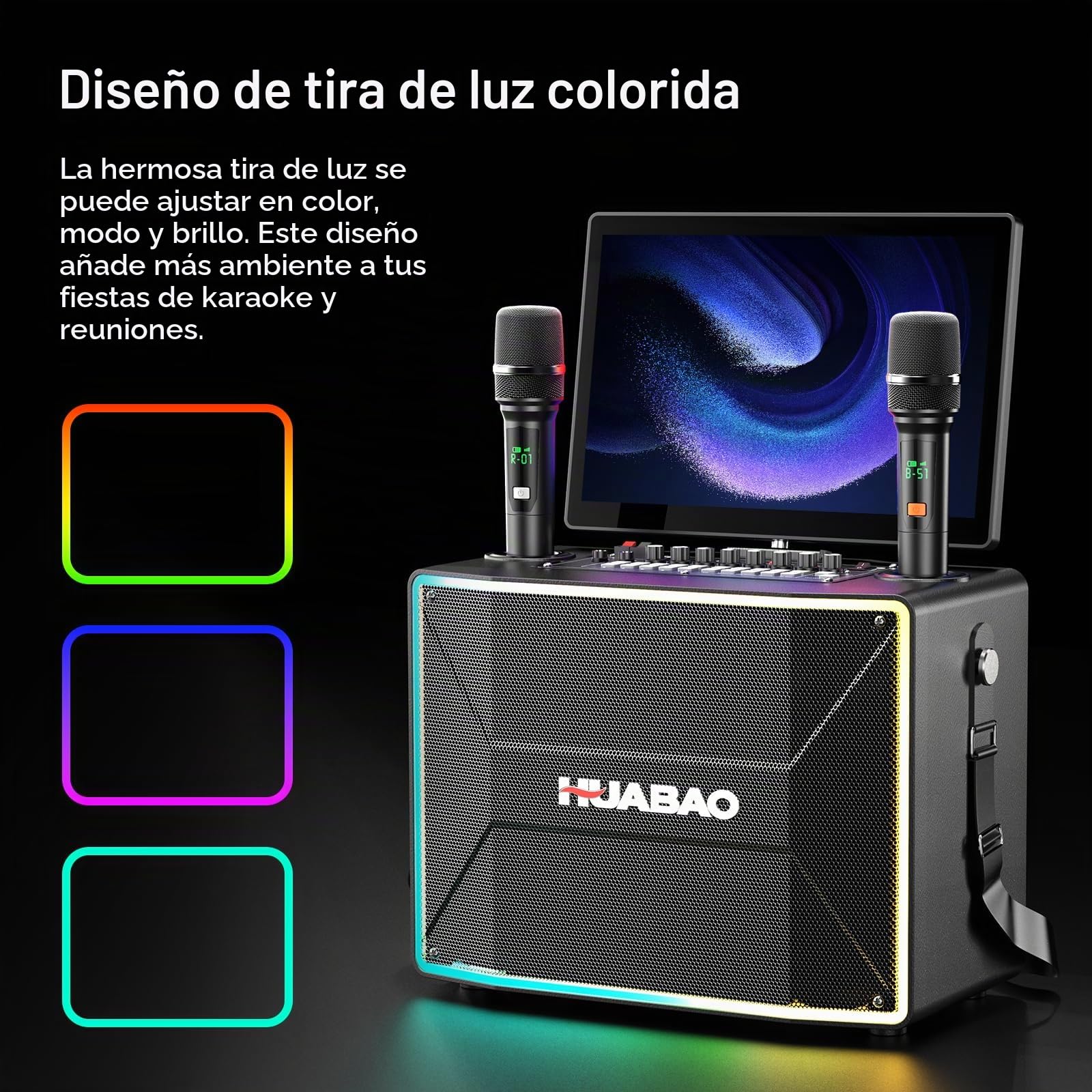 Máquina de Karaoke Inteligente con Tableta de 14 Pulgadas, Pantalla y visualización de Letras, Altavoz Profesional para Karaoke, 2 micrófonos inalámbricos, Altavoz Bluetooth, WiFi/HDMI/Luces LED