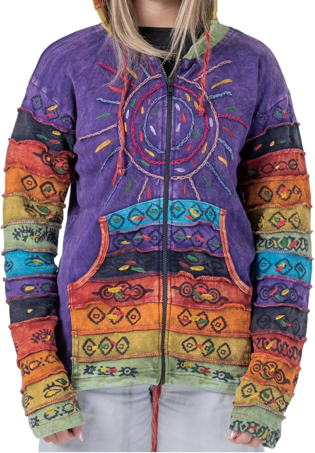 Shopoholic Fashion Women's Full Sleeve Gothic Sun Patchwork Faded Pixie Cotton Hippy Rib Hoodie - Image 2