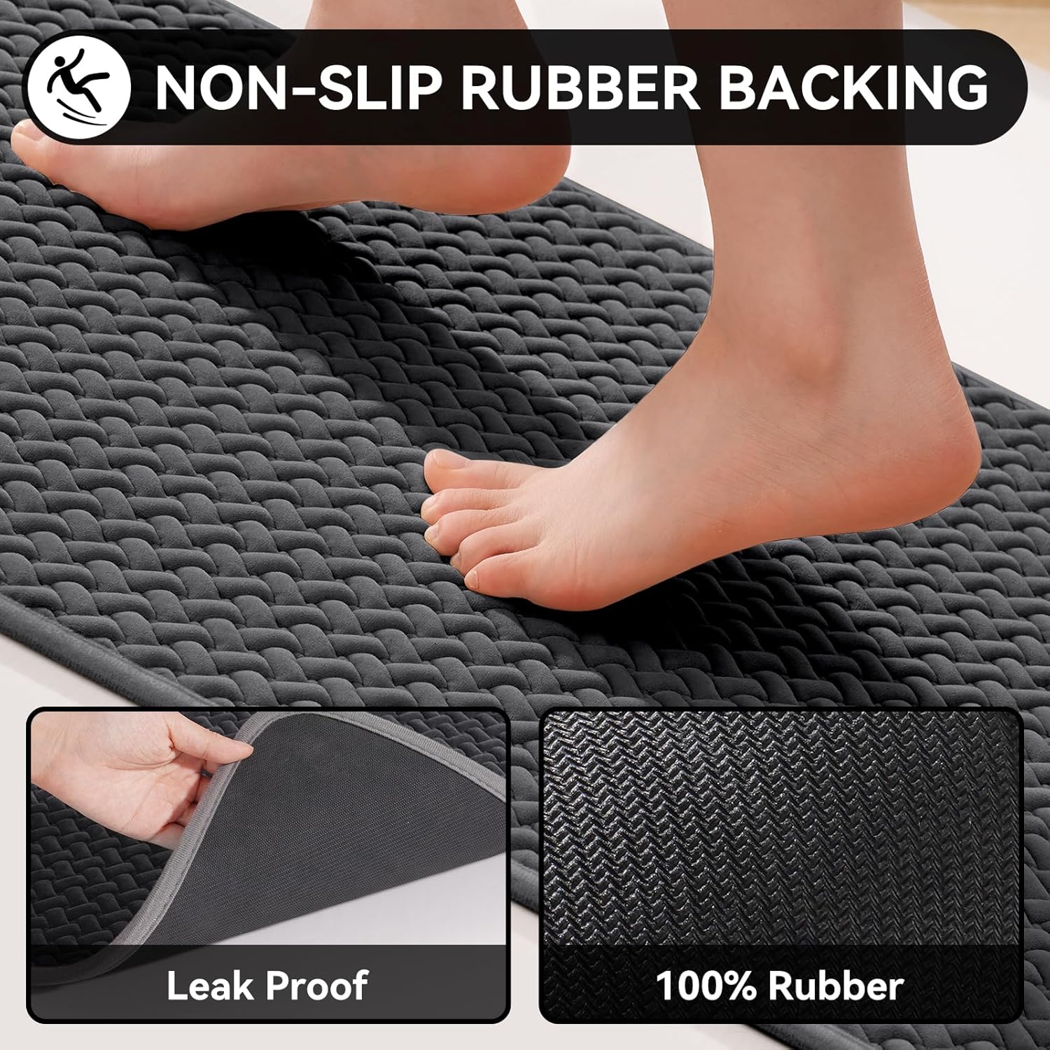 Bathroom Runner Rug Non Slip, Super Absorbent Quick Dry Long Bath Mat, Foam Weave Texture Rubber Backing Ultra Thin Bathroom Mats Fit Under Door Bathroom Floor Bathtub Shower, 16"x 47" - Image 3