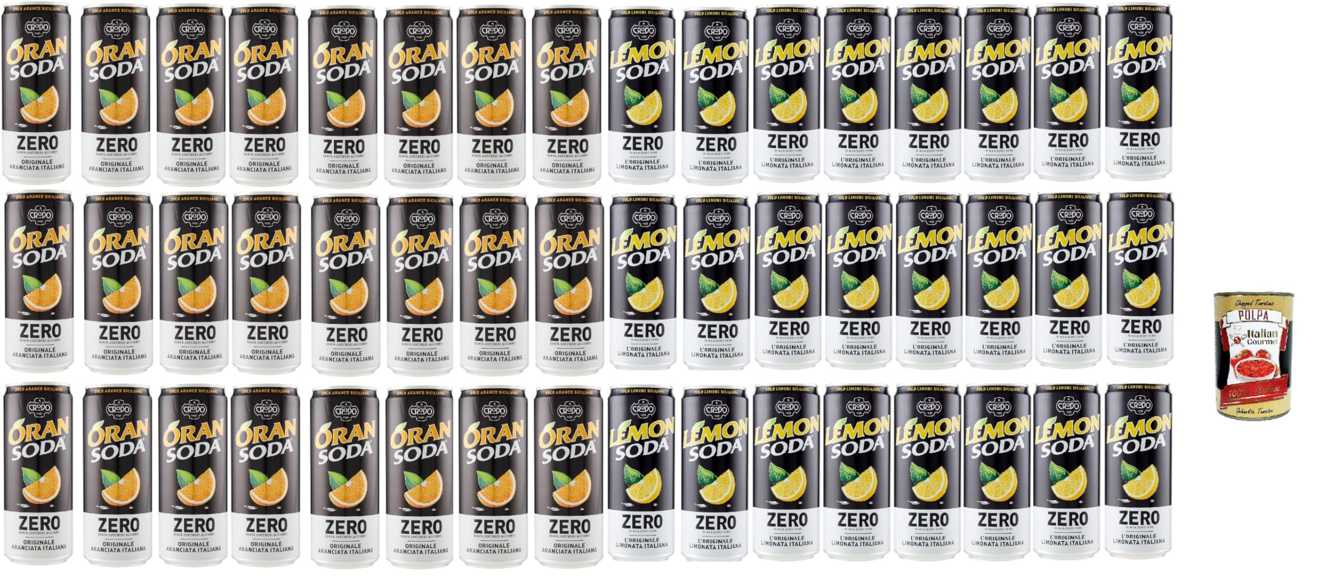 Italian Gourmet Testset bibite Zero Arancia Limone Softdrink Mix 48 x 33cl | Spritzig ohne Zuckerzusatz, gusto agrumi, lattine pratiche da servire, Gesamtnettogewicht 15,84 L + Kostenlos Polpa 400g